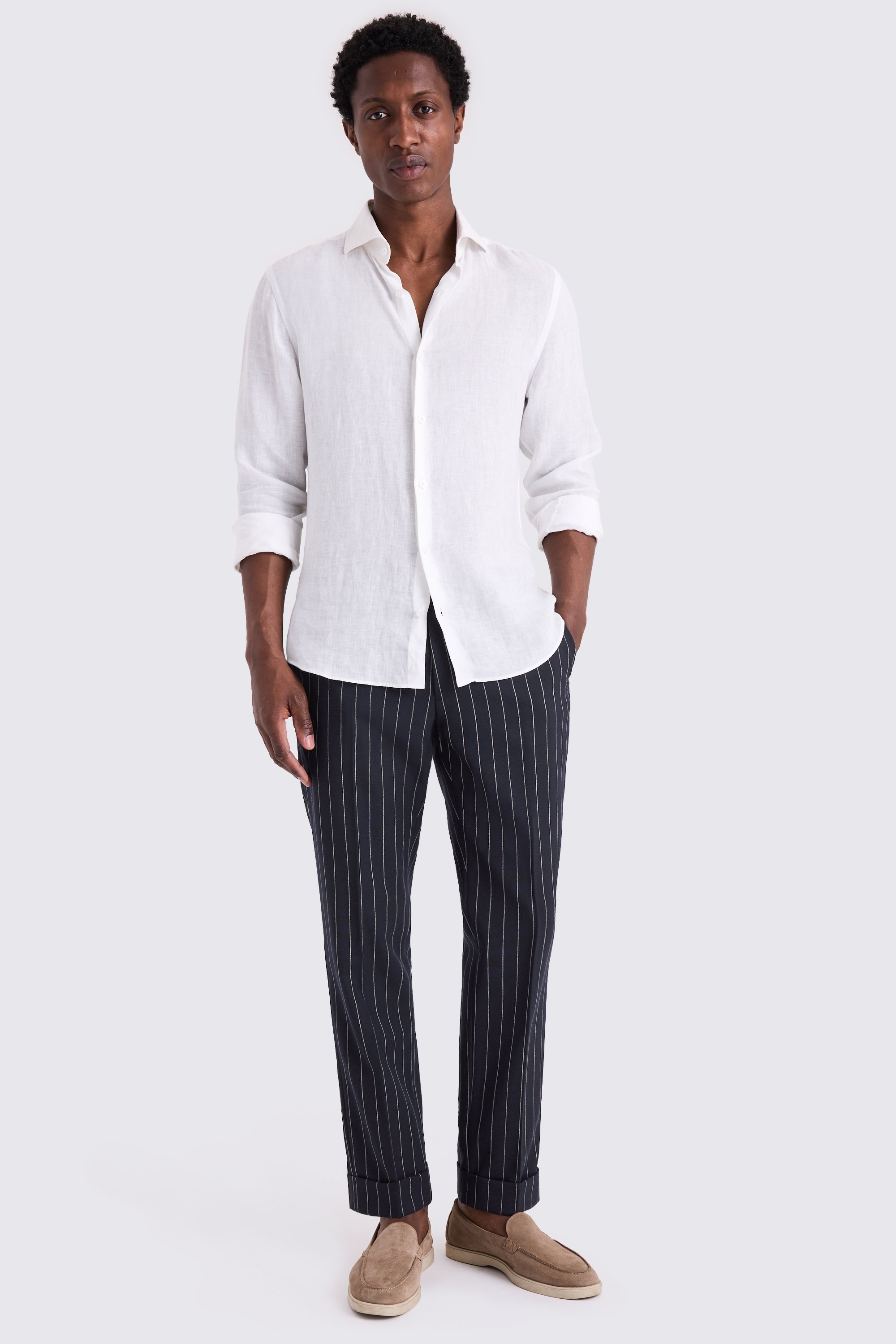 Navy Stripe Wool Tailored Pants