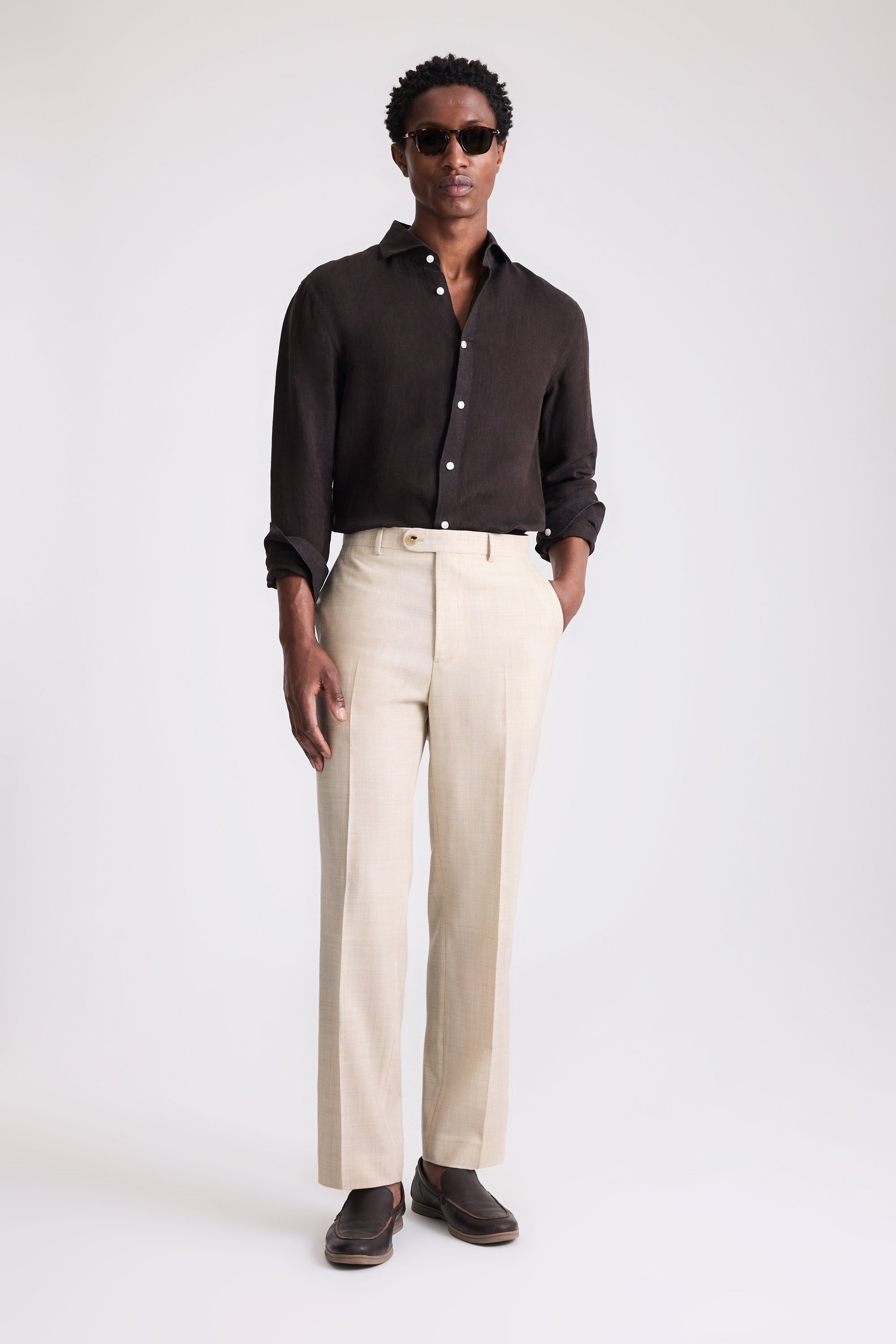 Neutral Wool Wide Leg Tailored Pants