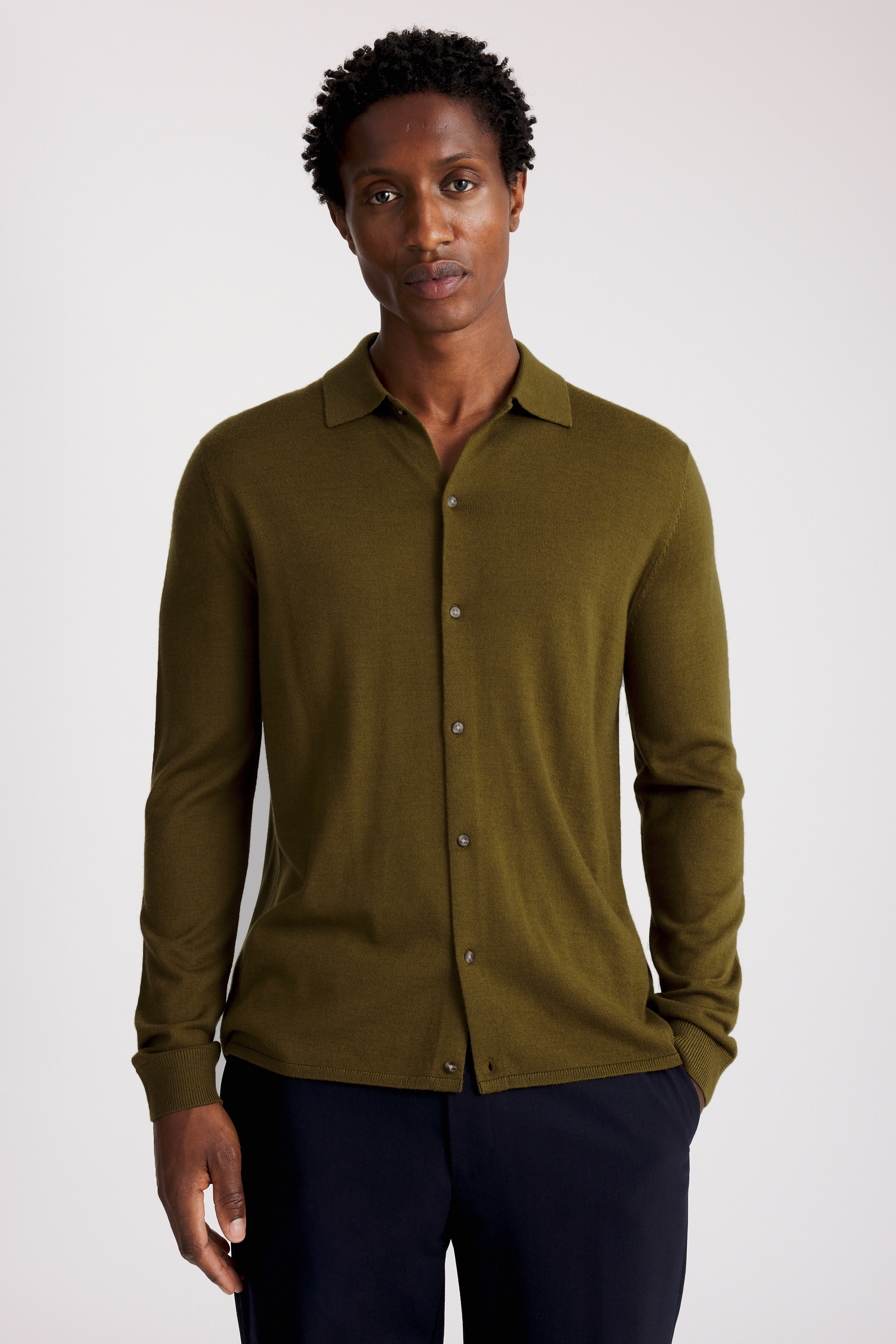 Olive Melange Merino-Blend Button Through Shirt