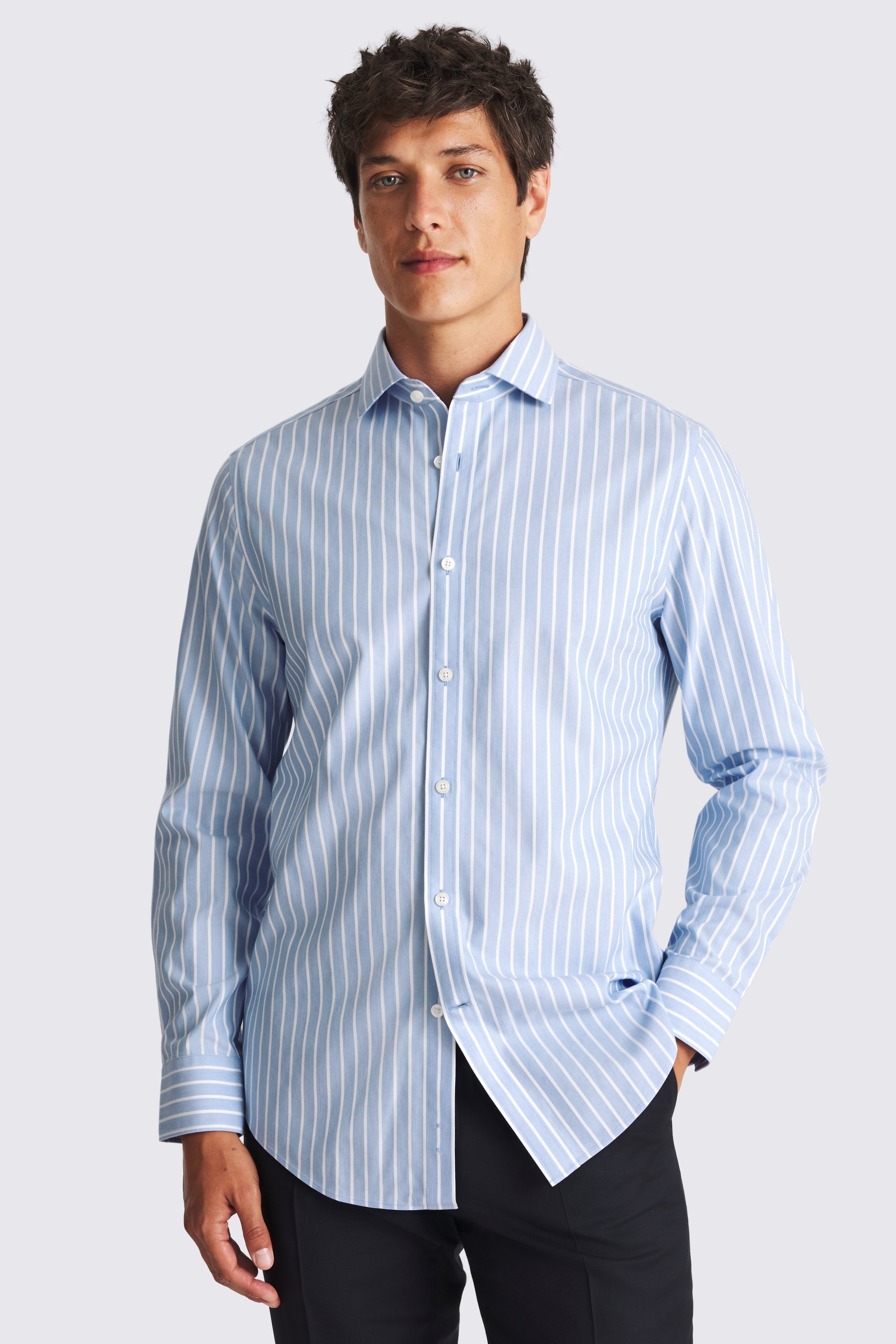 Tailored Fit Blue Wide Stripe Non-Iron Shirt