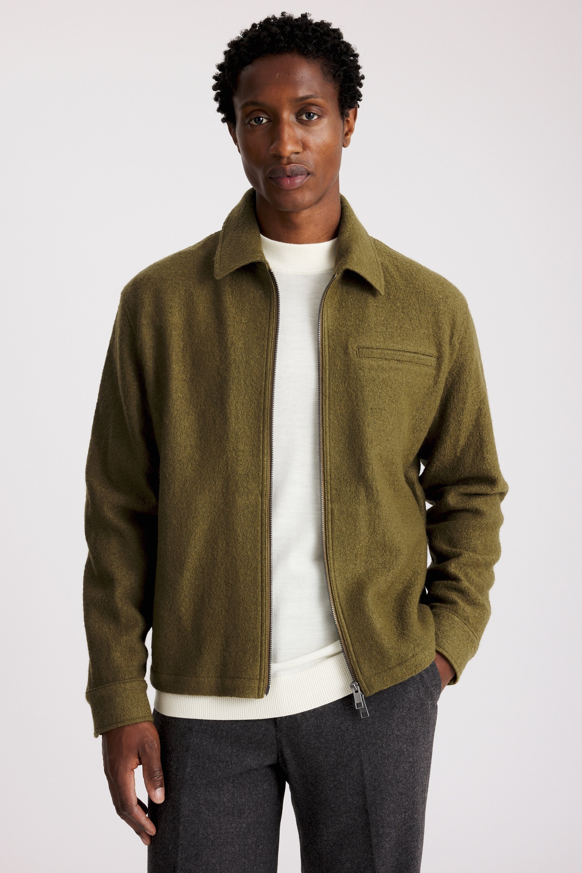 Olive Boiled Wool Zip Overshirt