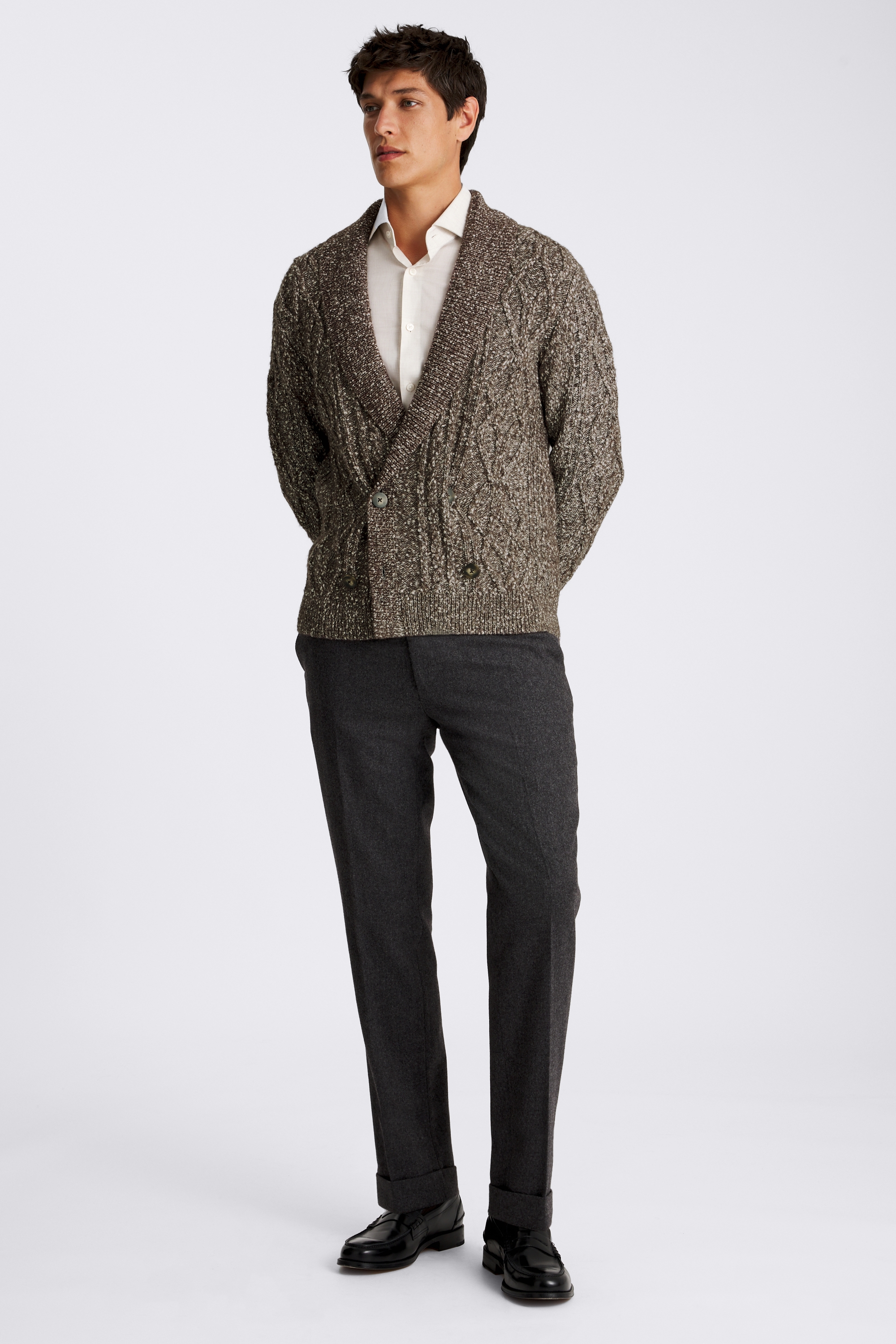 Brown Textured Shawl Collar Cardigan