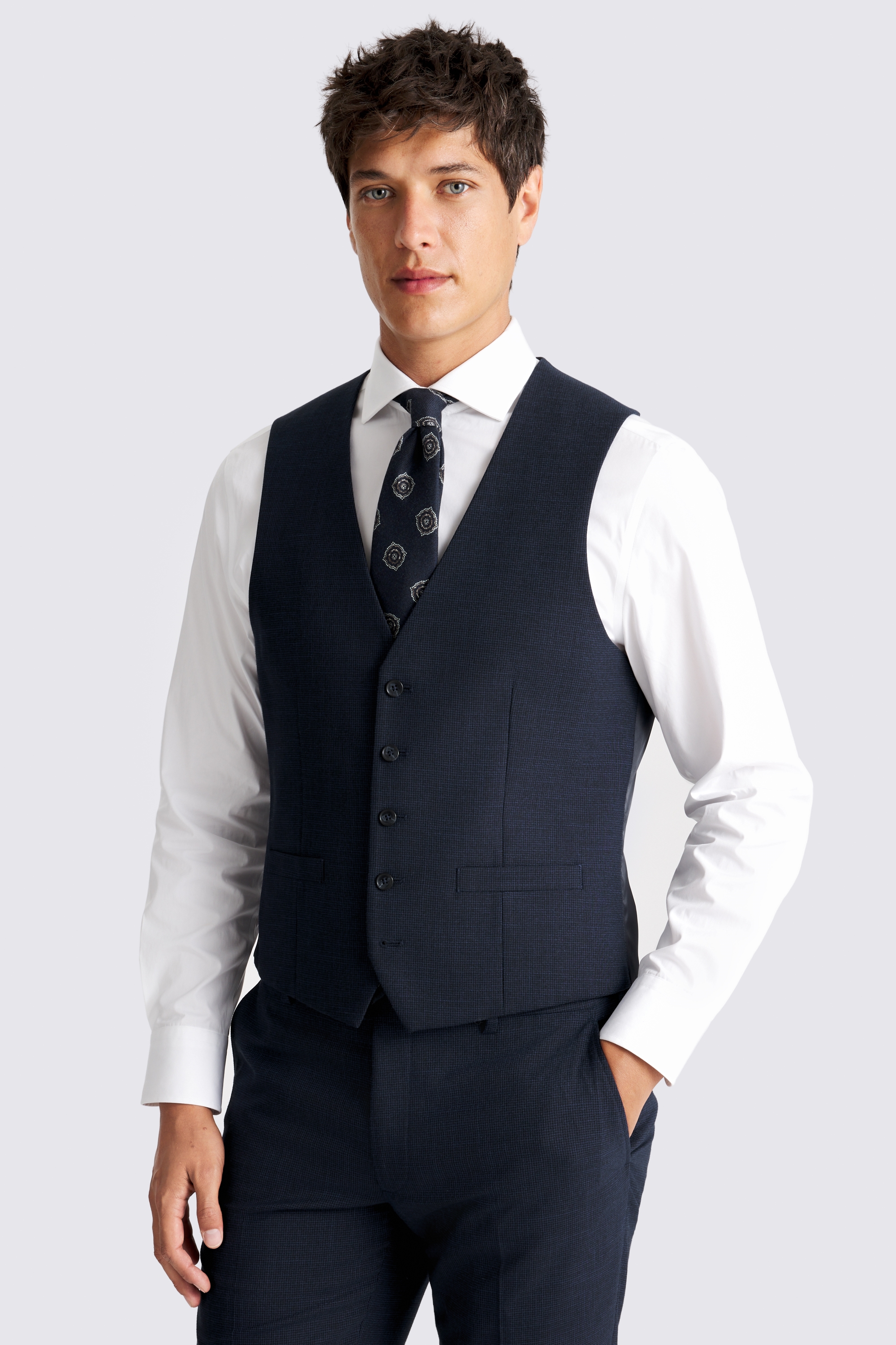Slim Fit Navy Puppytooth Waistcoat