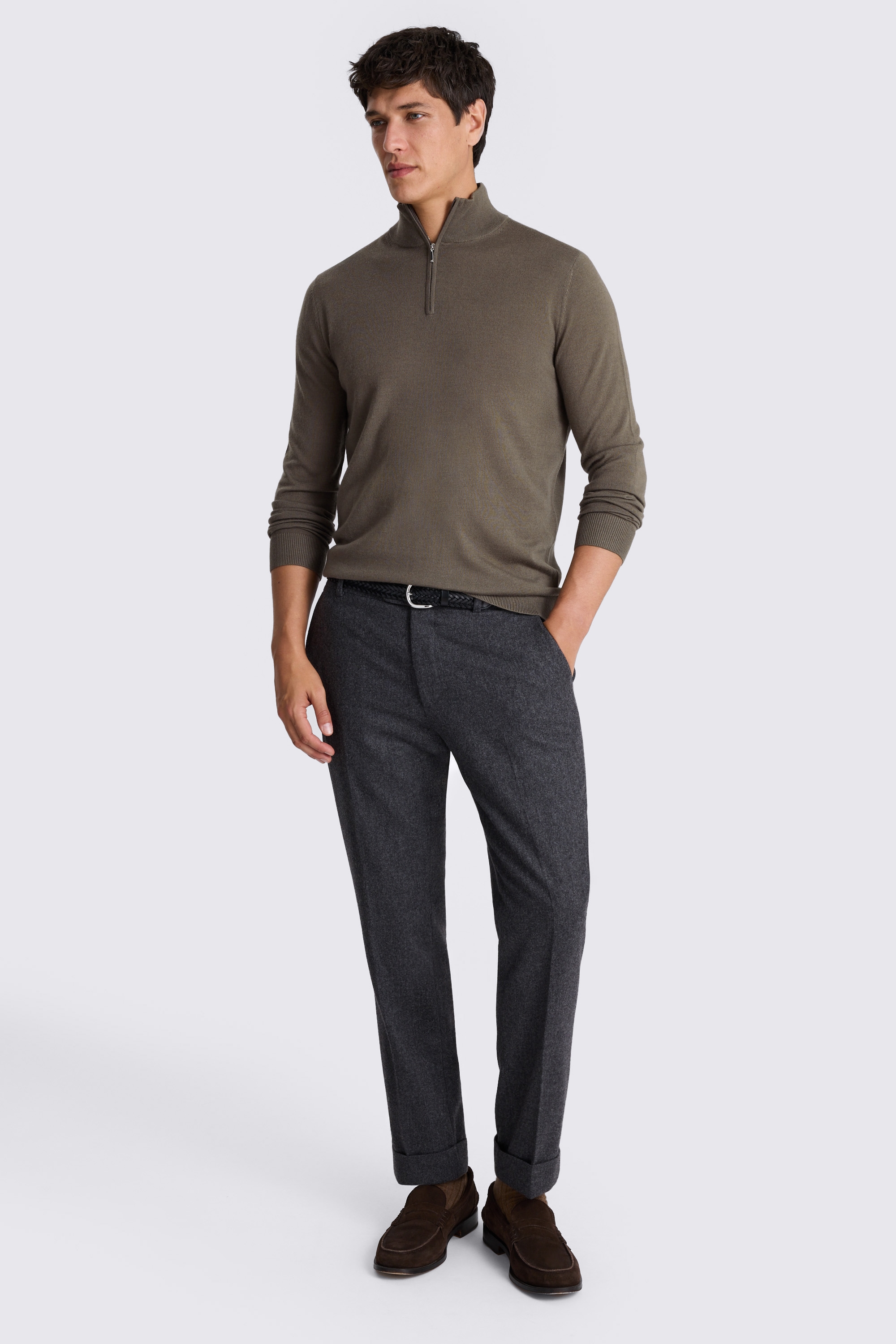 Dark Taupe Merino Zip-Neck Jumper