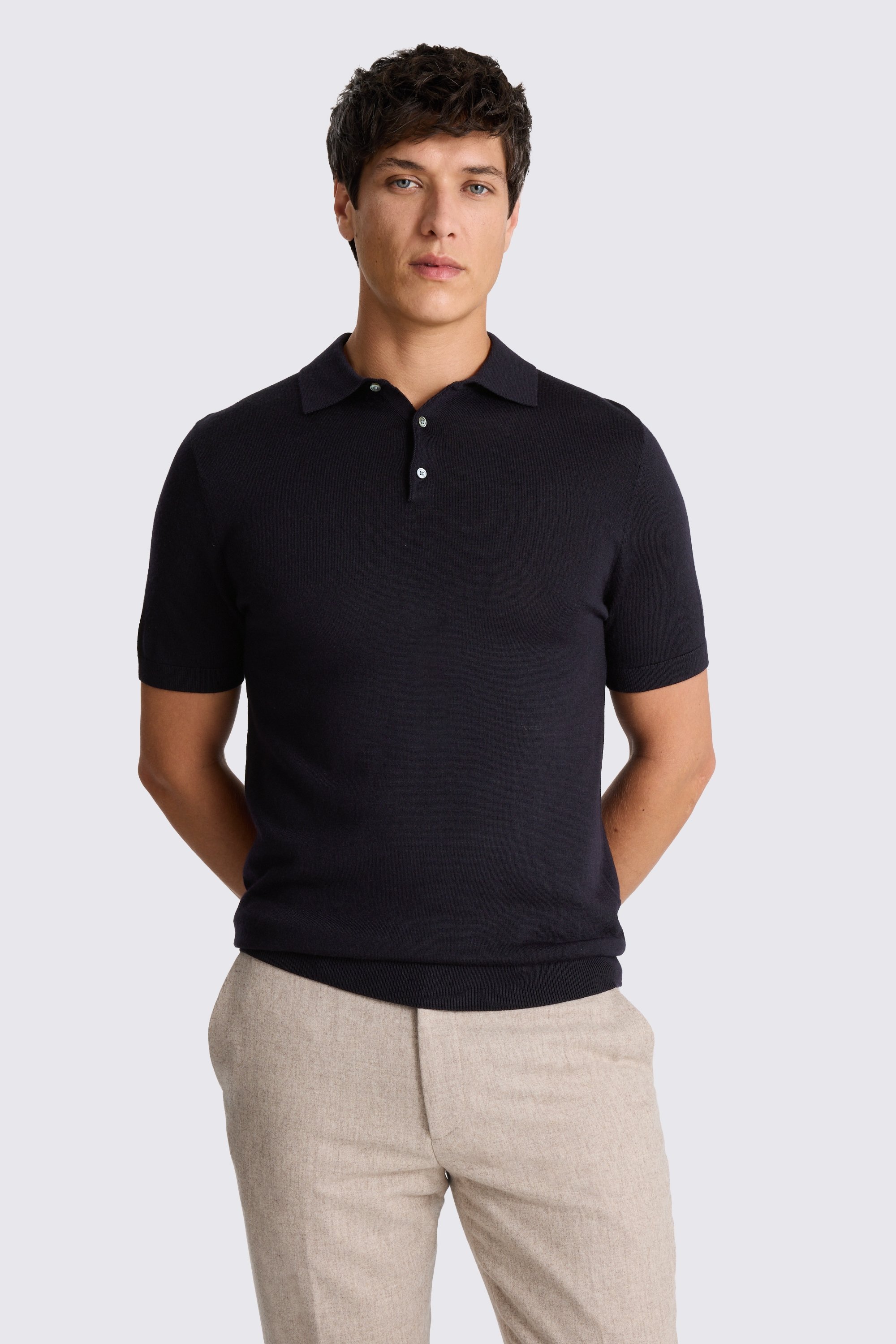 Navy Merino Knitted Polo Shirt