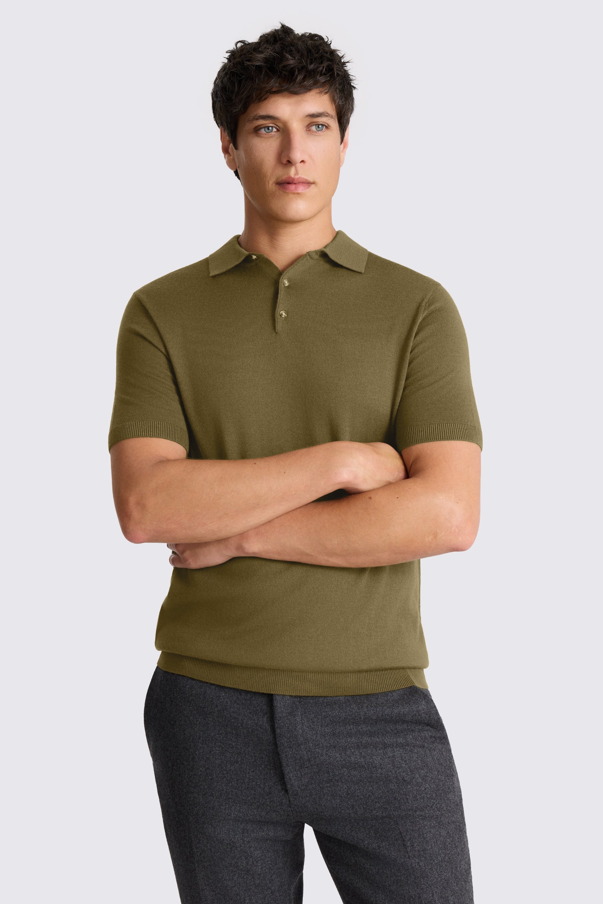 Olive Merino Knitted Polo Shirt