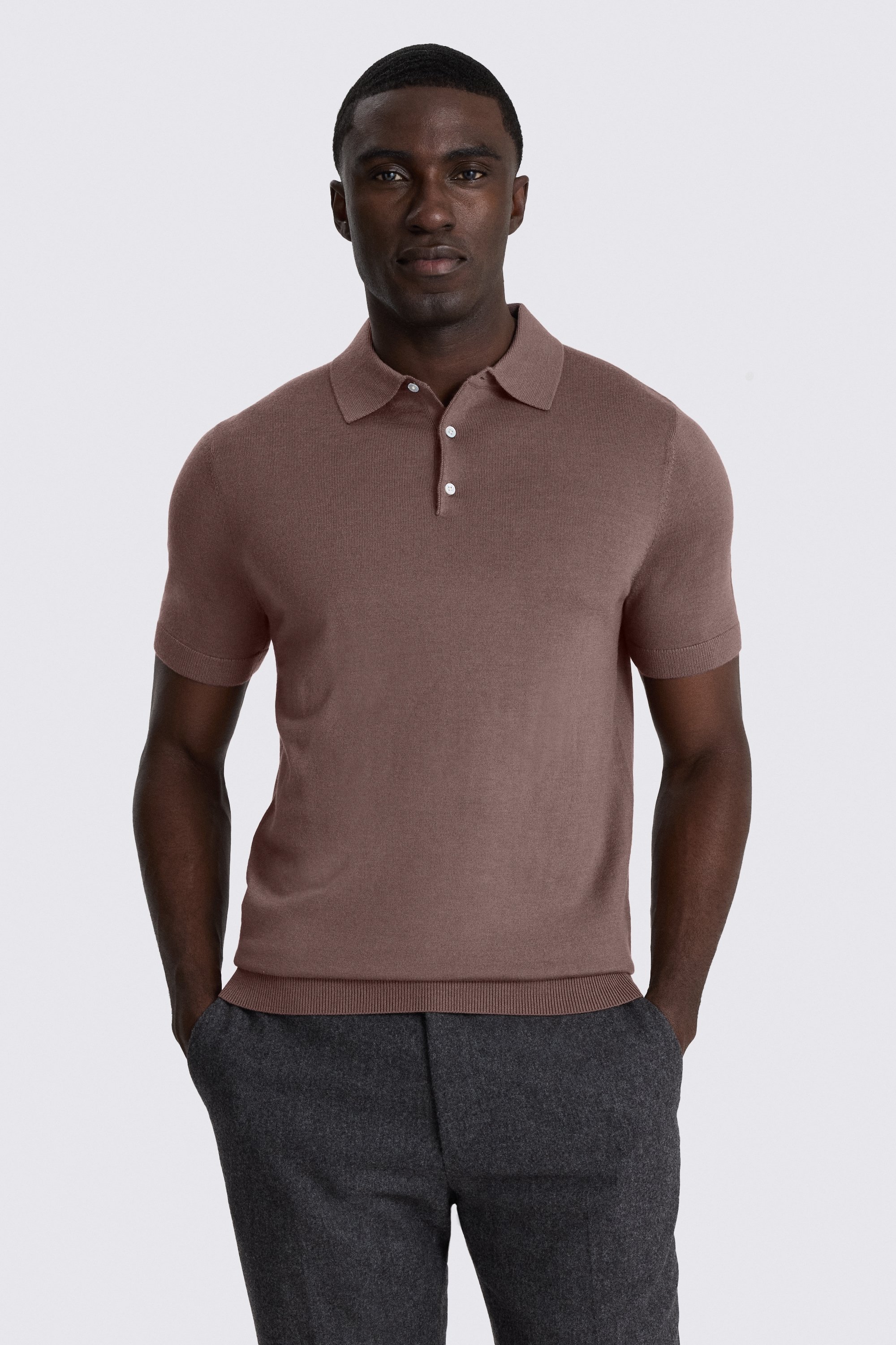 Mauve Merino Knitted Polo Shirt