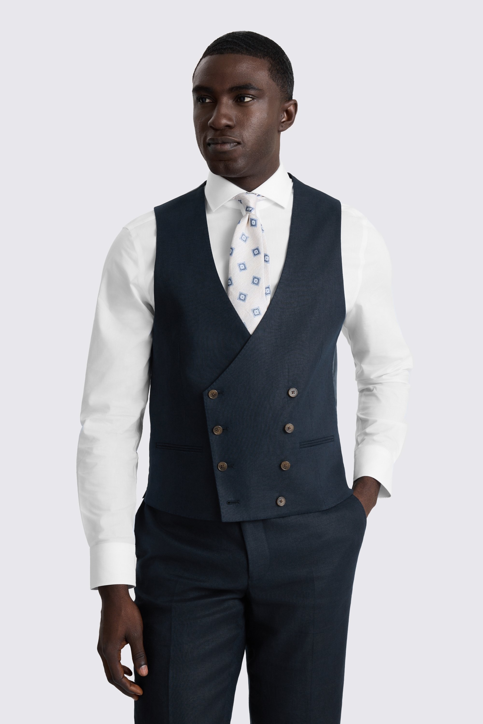 Slim Fit Navy Twill Linen Waistcoat 