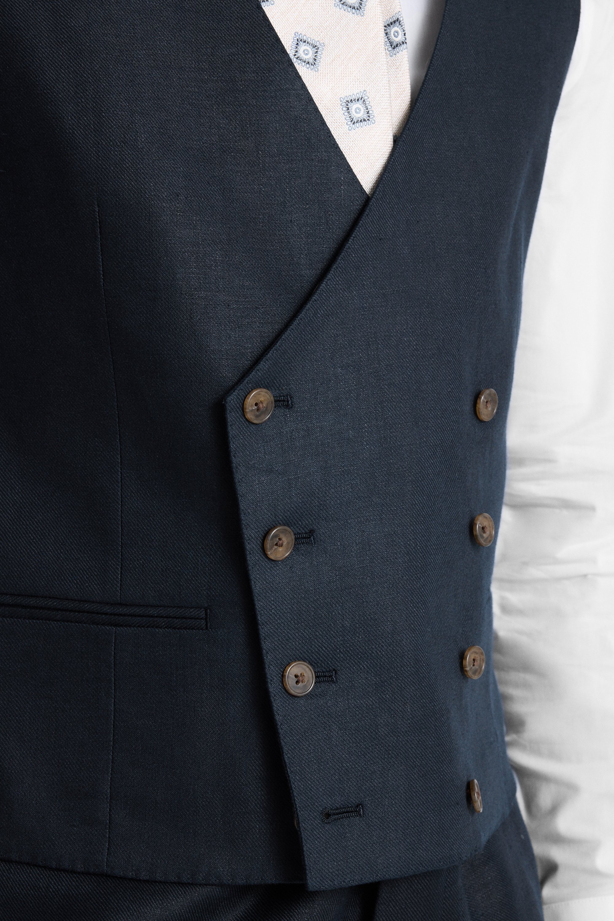 Slim Fit Navy Twill Linen Waistcoat 