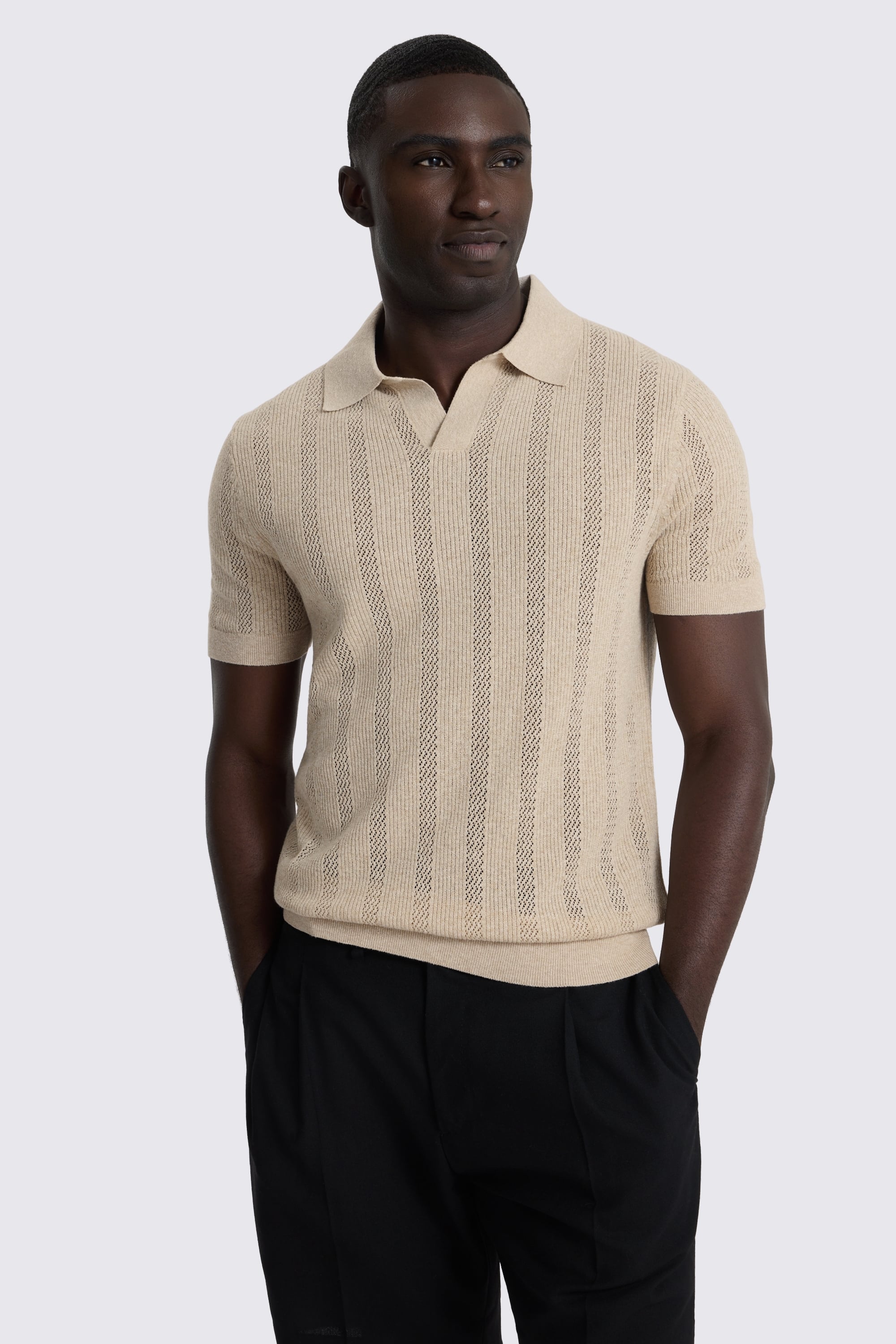 Light Beige Pointelle Linen-Blend Skipper Polo Shirt