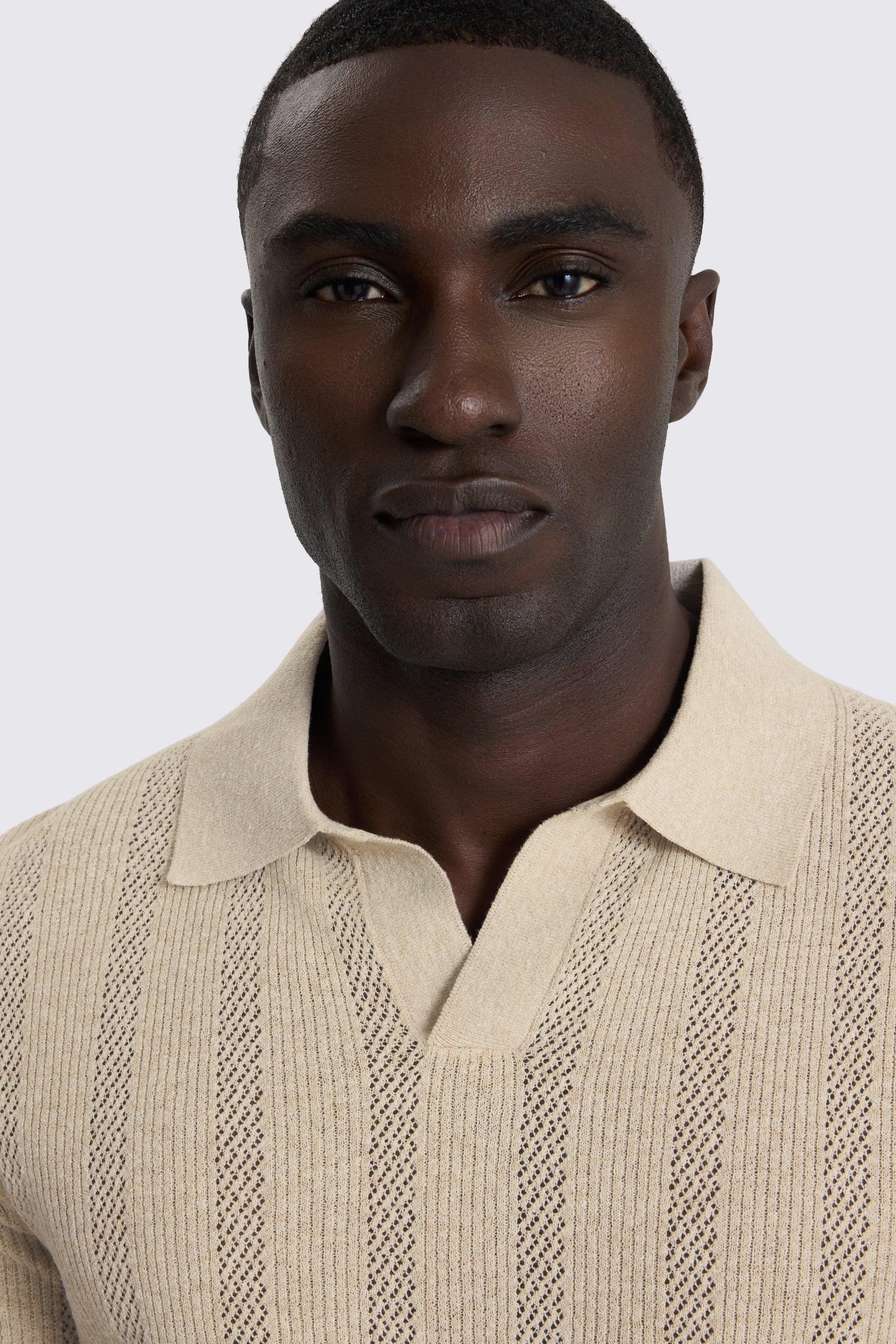 Light Beige Pointelle Linen-Blend Skipper Polo Shirt