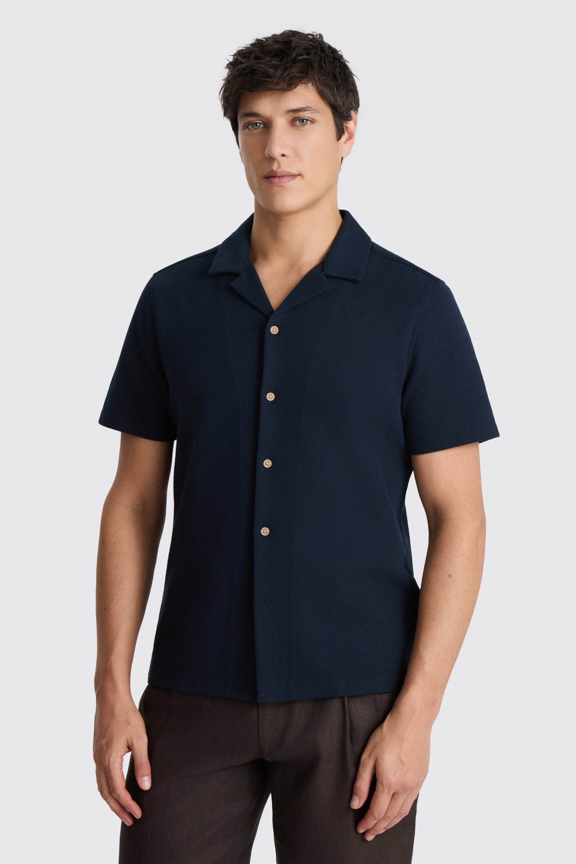Navy Knitted Cuban Collar Shirt