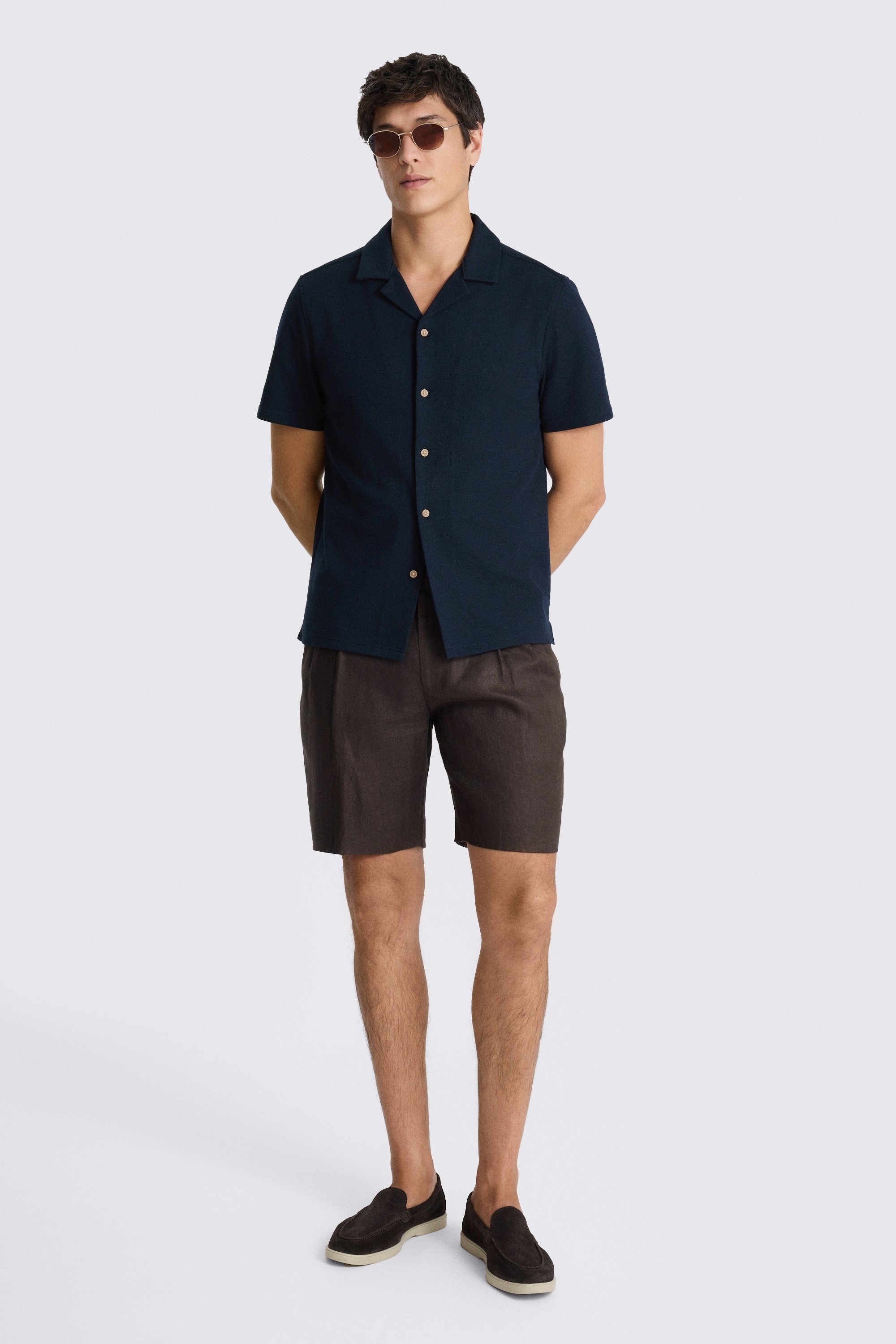 Navy Knitted Cuban Collar Shirt