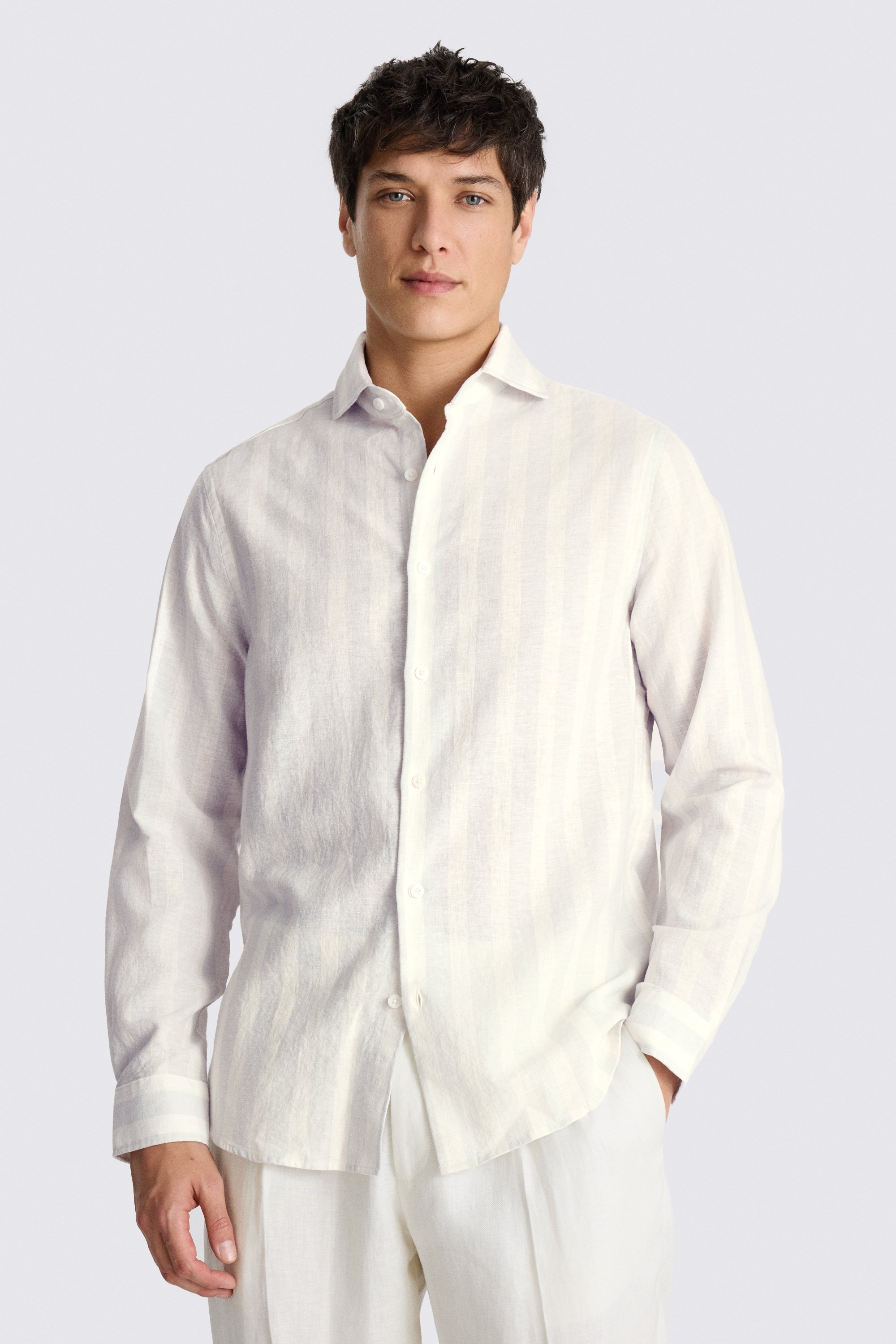 Blue Wide Stripe Cotton Linen Shirt