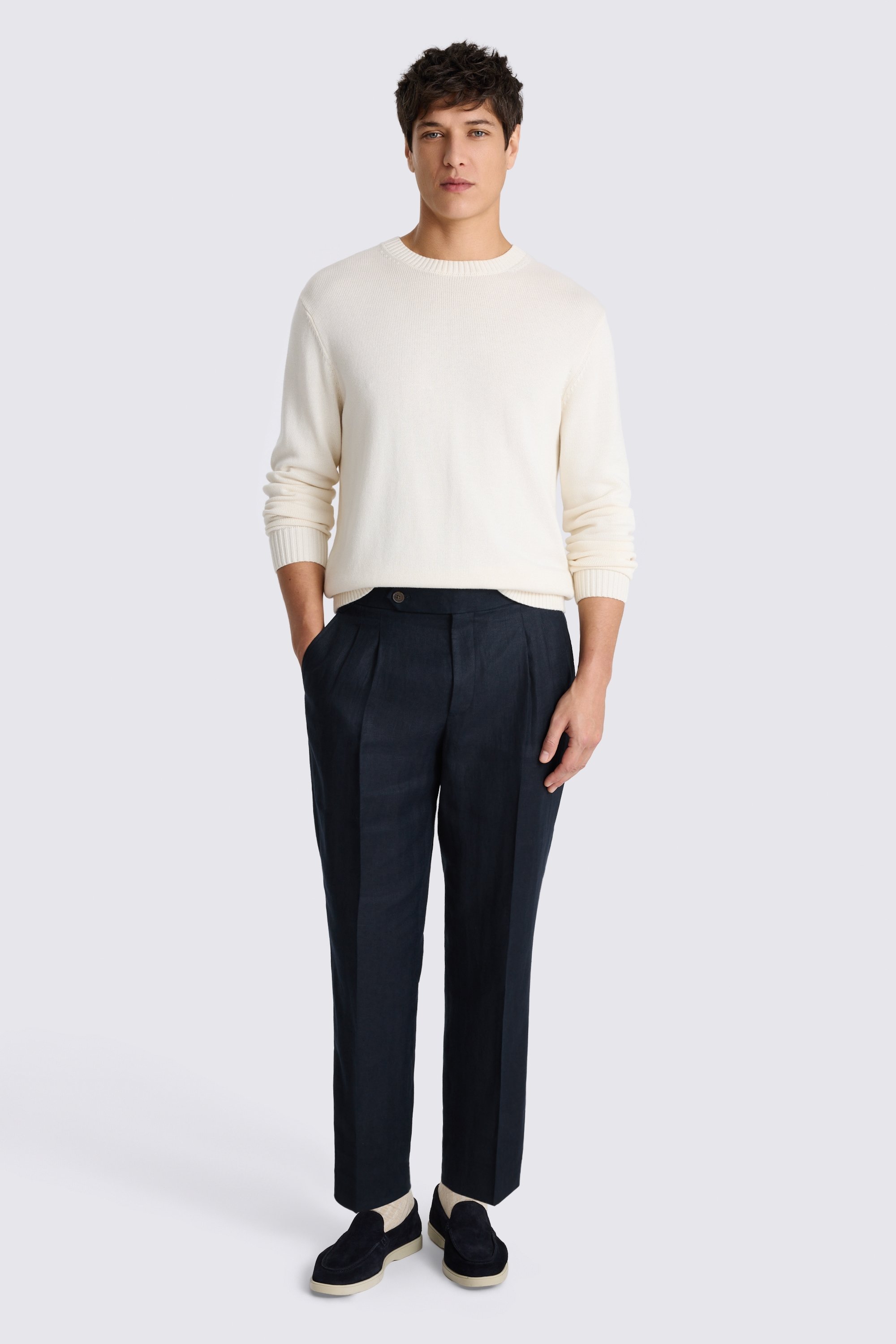 Navy Linen Pleated Pant