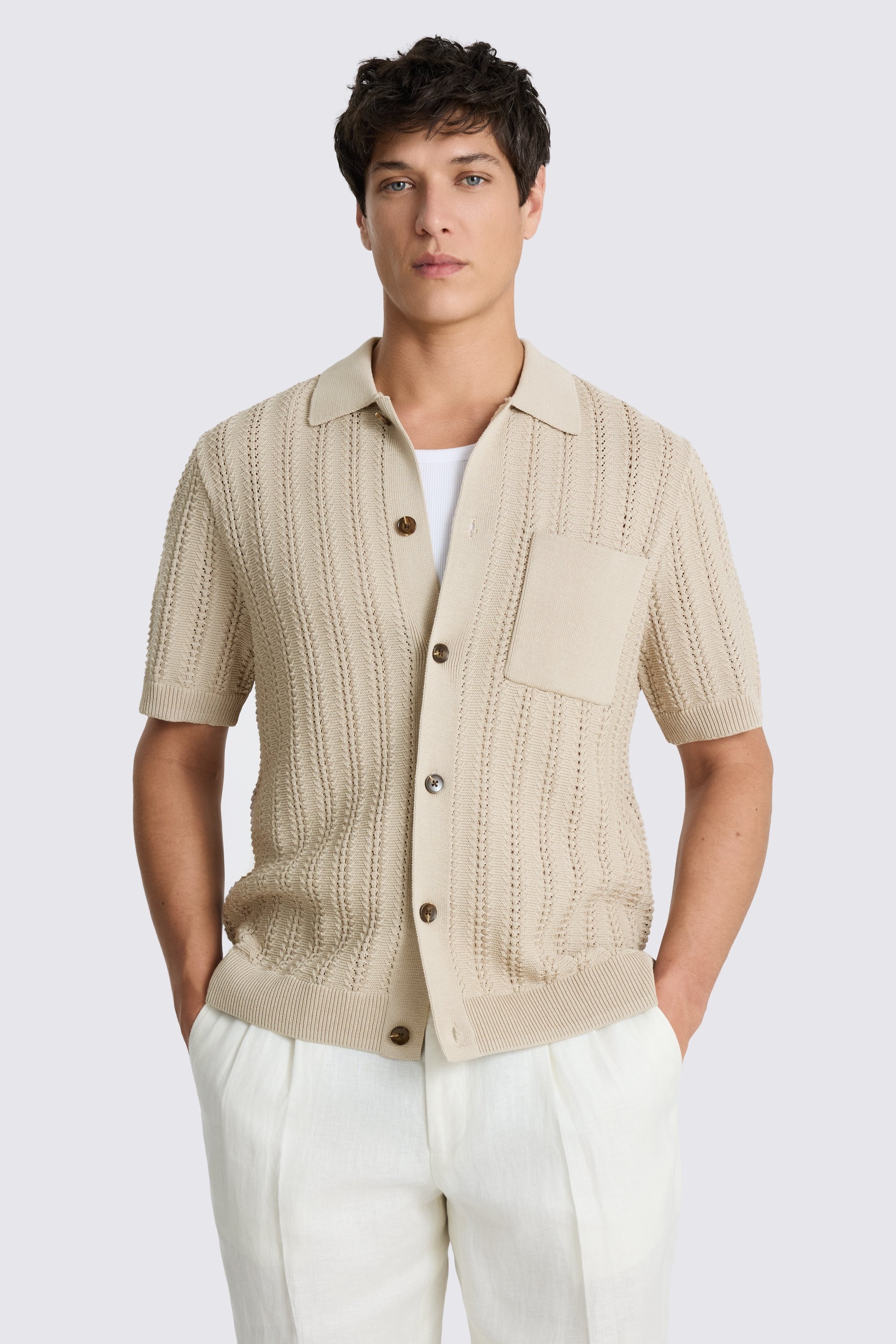 Neutral Chevron Pointelle Knitted Shirt