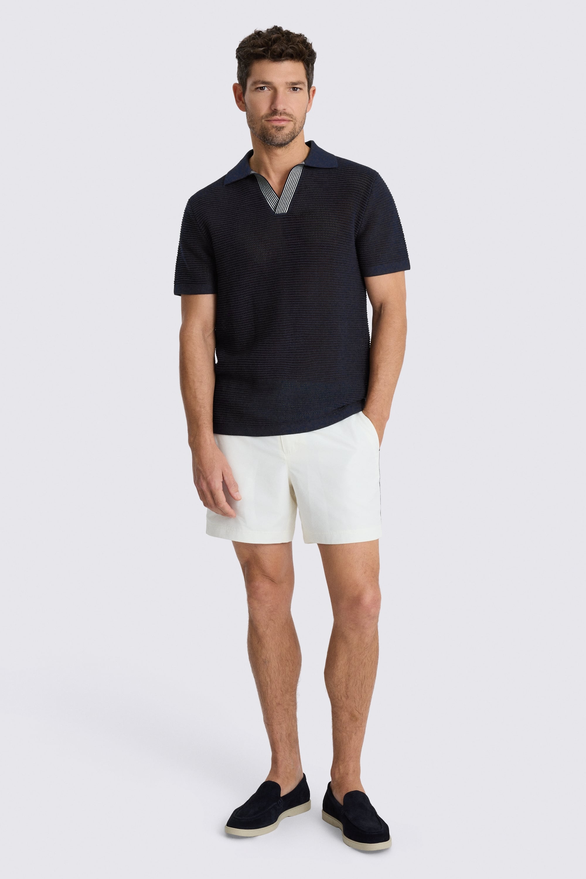 Short Sleeve Navy Open Knit Skipper Polo Shirt
