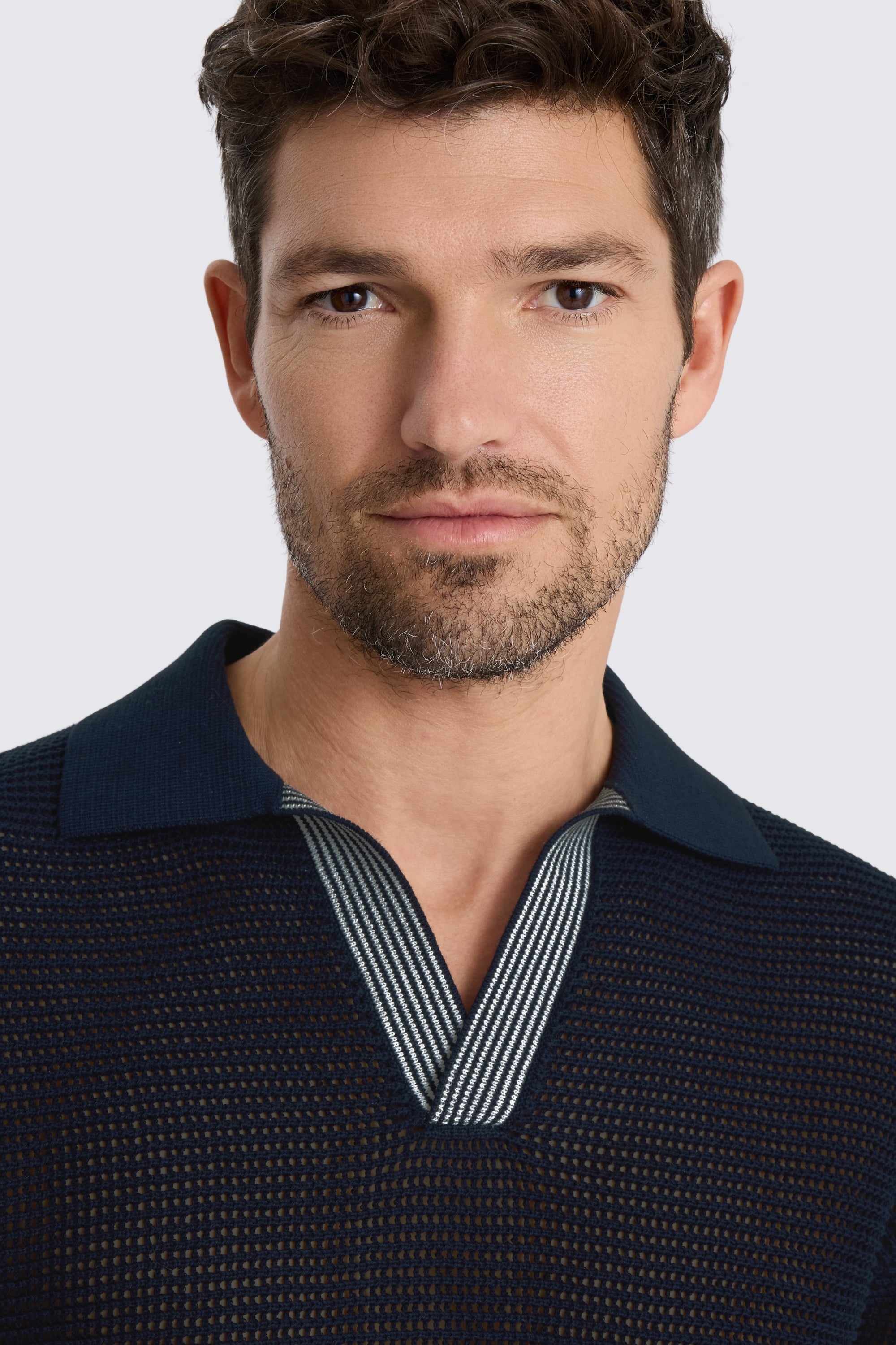 Short Sleeve Navy Open Knit Skipper Polo Shirt