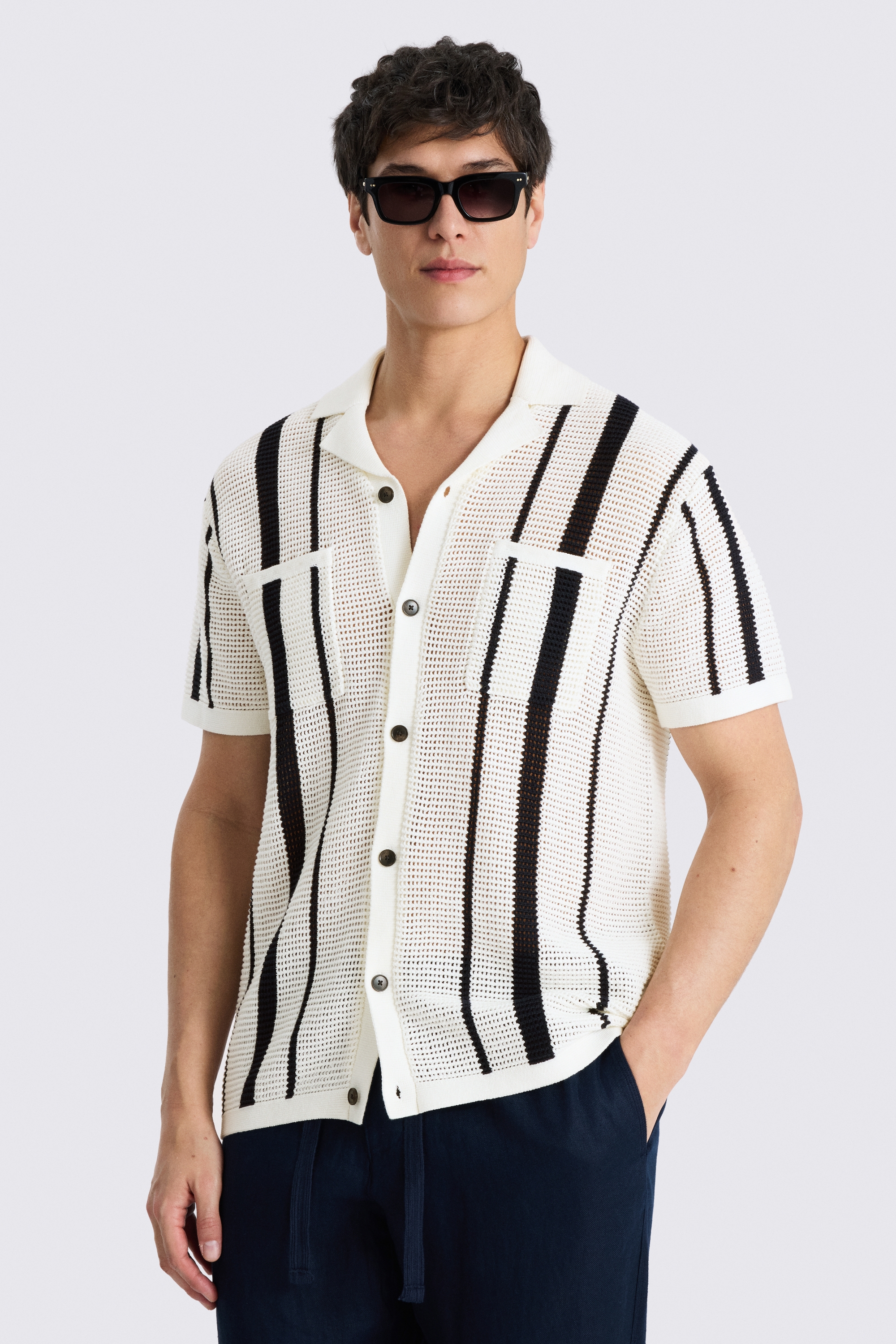 White And Navy Stripe Open Knit Cotton Shirt