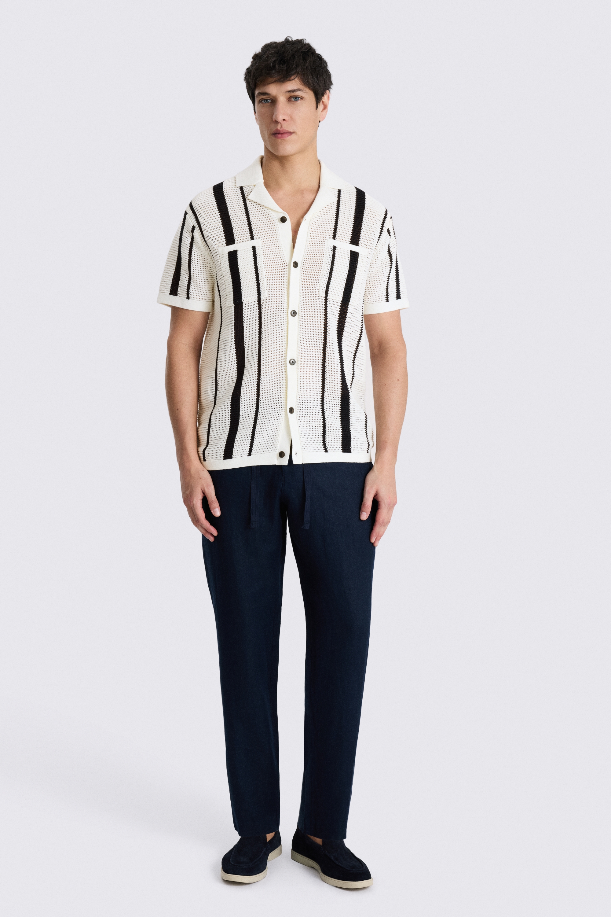 White And Navy Stripe Open Knit Cotton Shirt