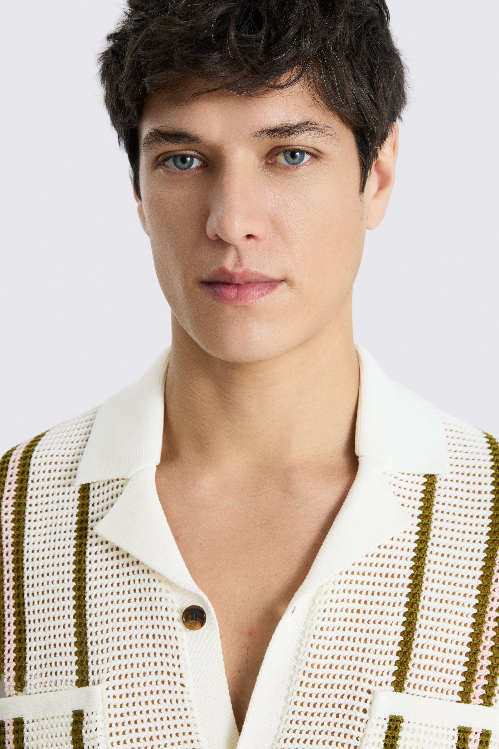 Ecru and Avocado Stripe Open Knit Shirt