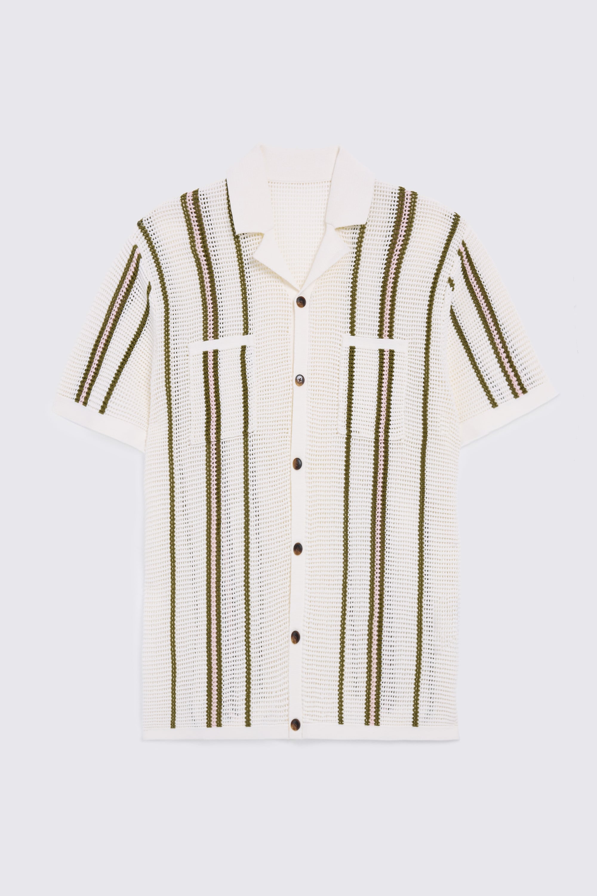 Ecru and Avocado Stripe Open Knit Shirt