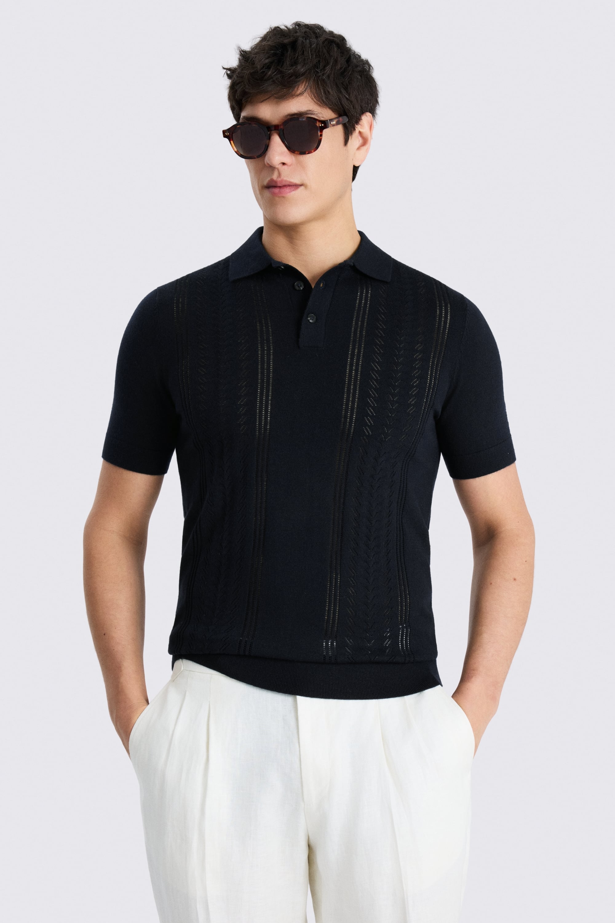 Navy Pointelle Polo Shirt