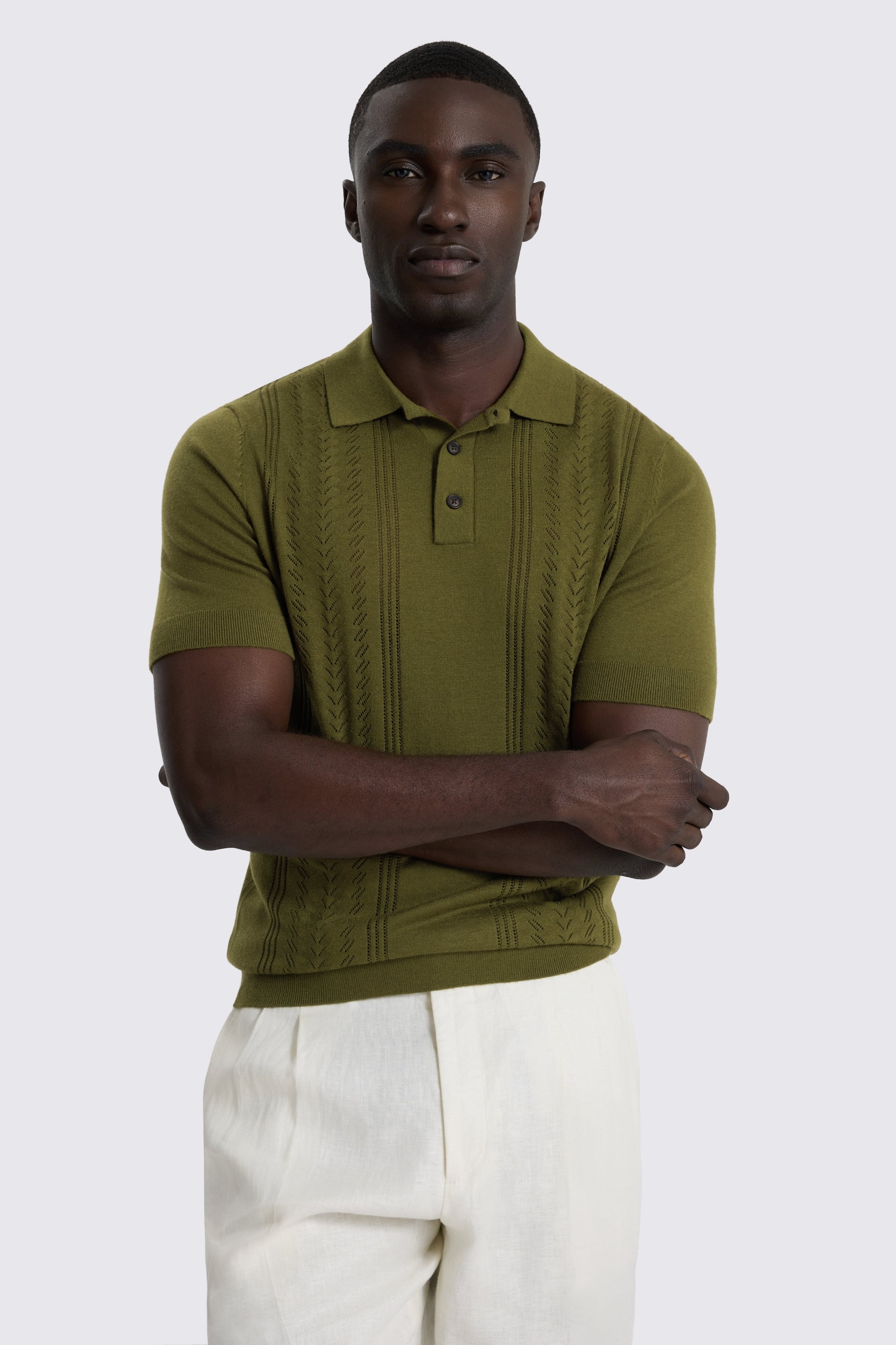 Olive Pointelle Polo Shirt