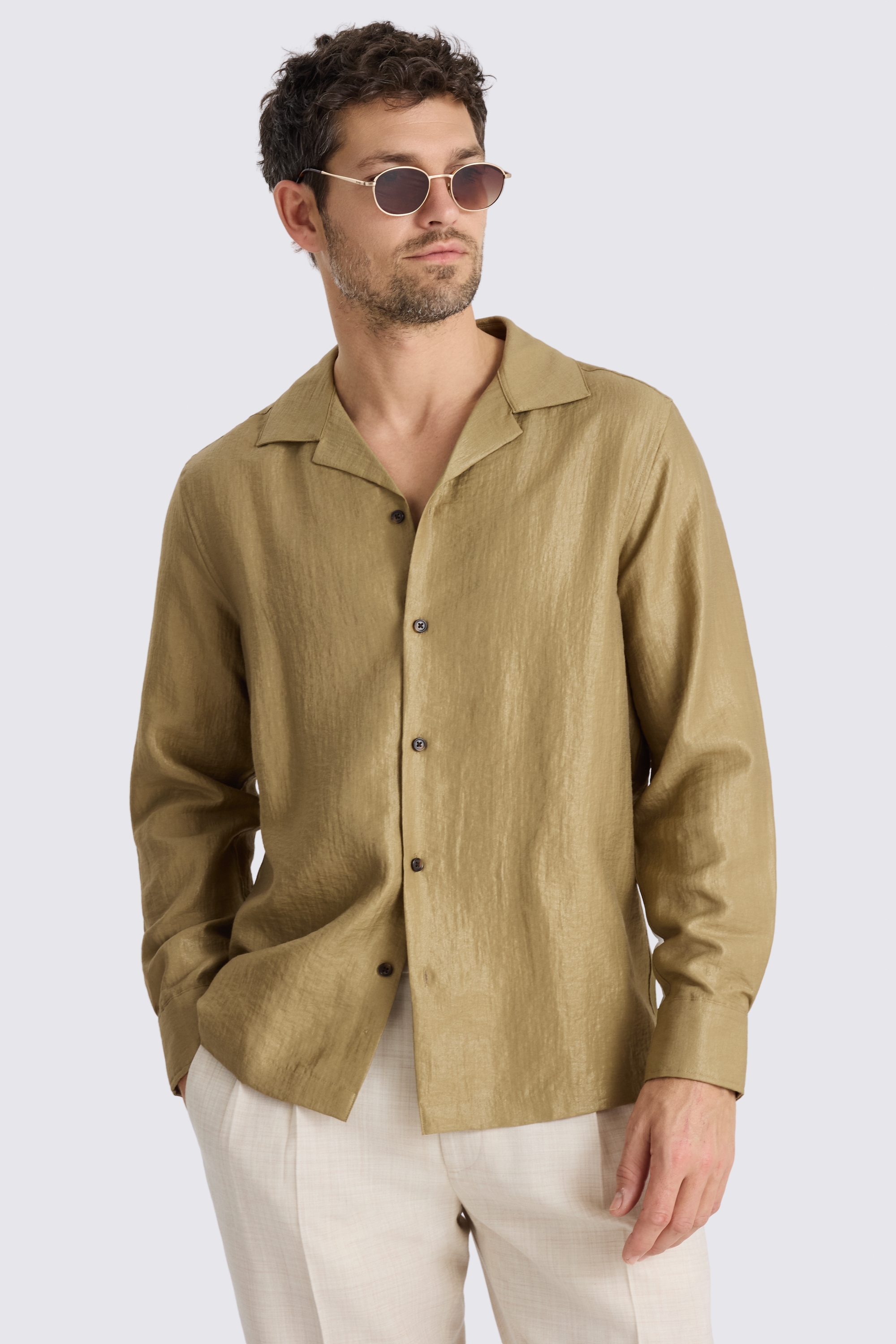 Khaki Metallic Cuban Collar Shirt