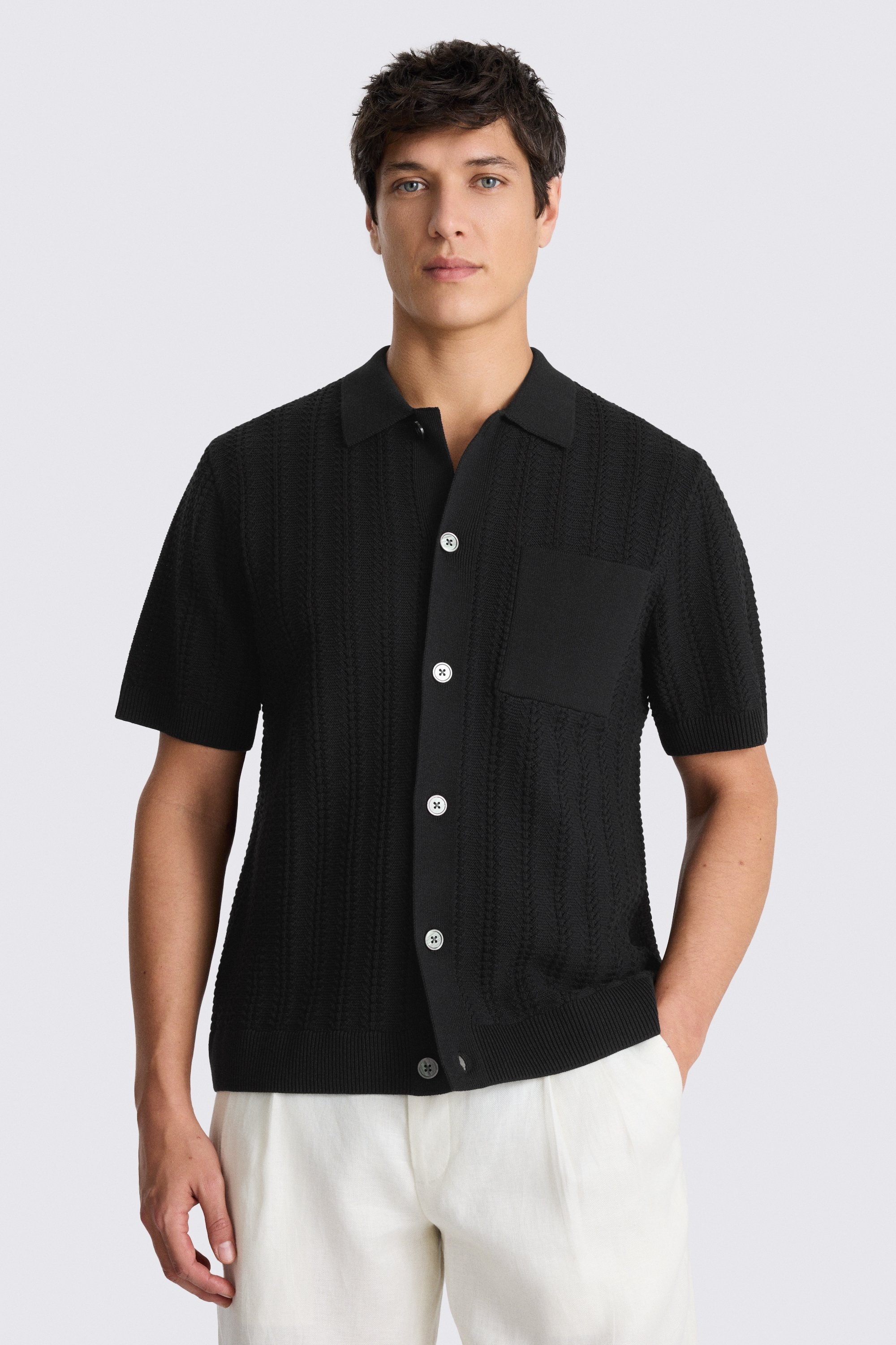 Black Chevron Pointelle Knitted Shirt
