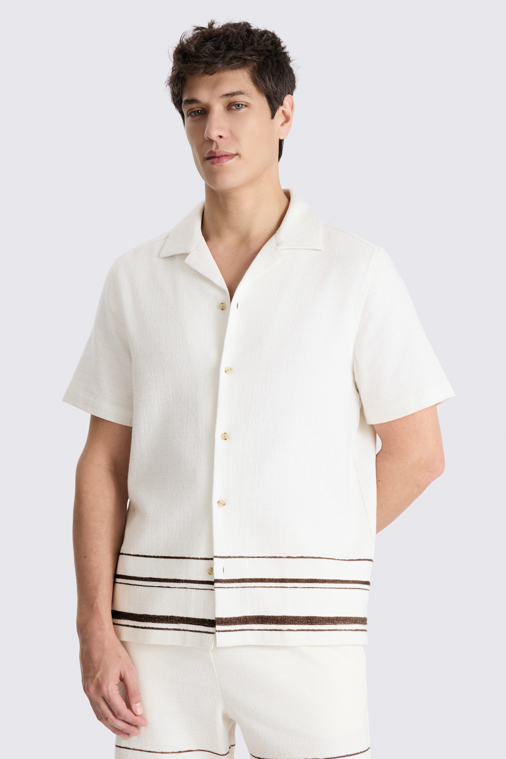 White Brown Stripe Cuban Collar Cotton Shirt