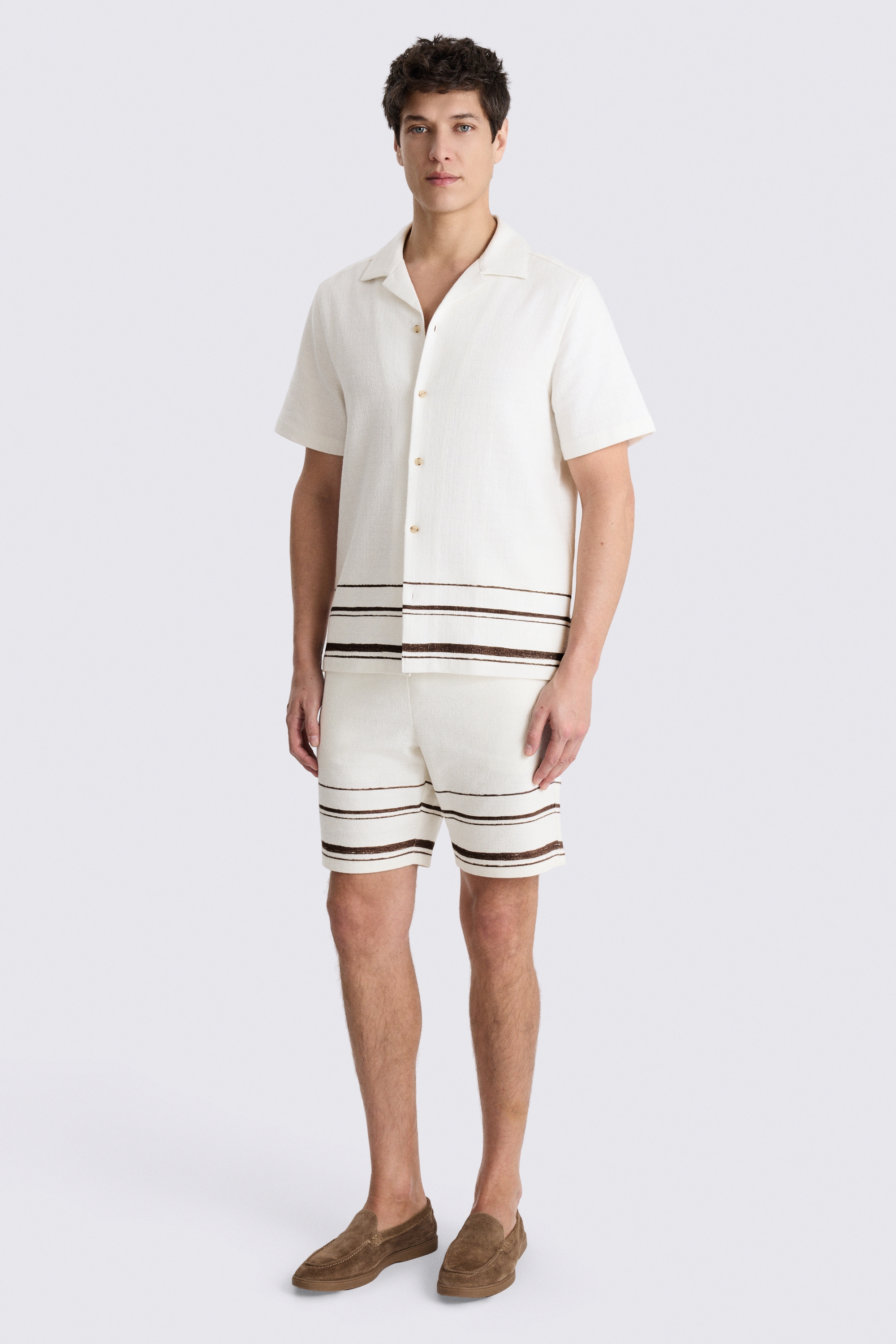 White Brown Stripe Cuban Collar Cotton Shirt