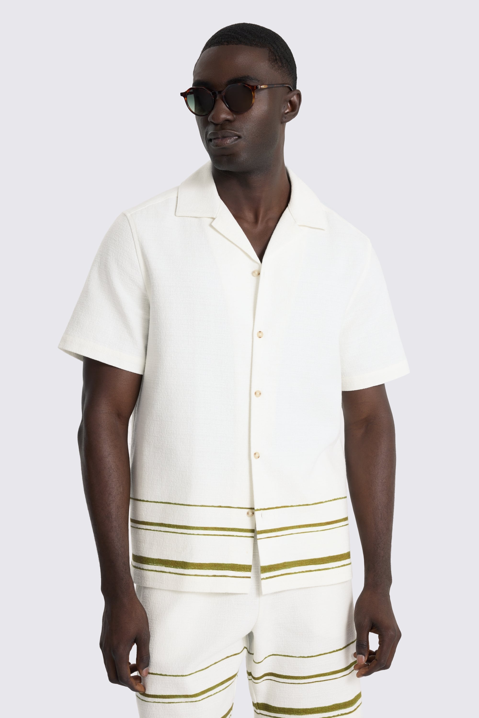 Olive Stripe Cotton Cuban Collar Shirt