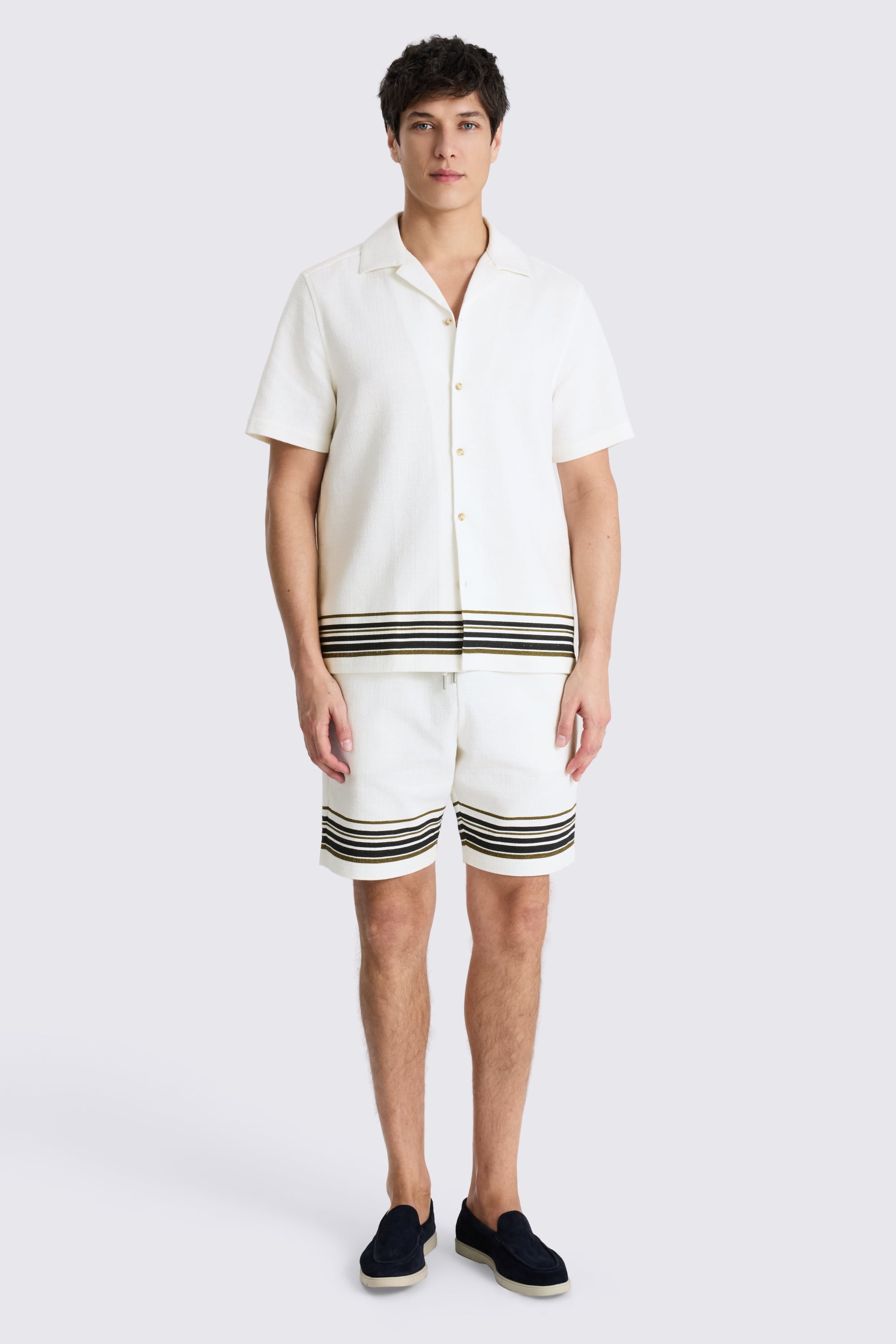 Navy & Khaki Stripe Cotton Cuban Collar Shirt