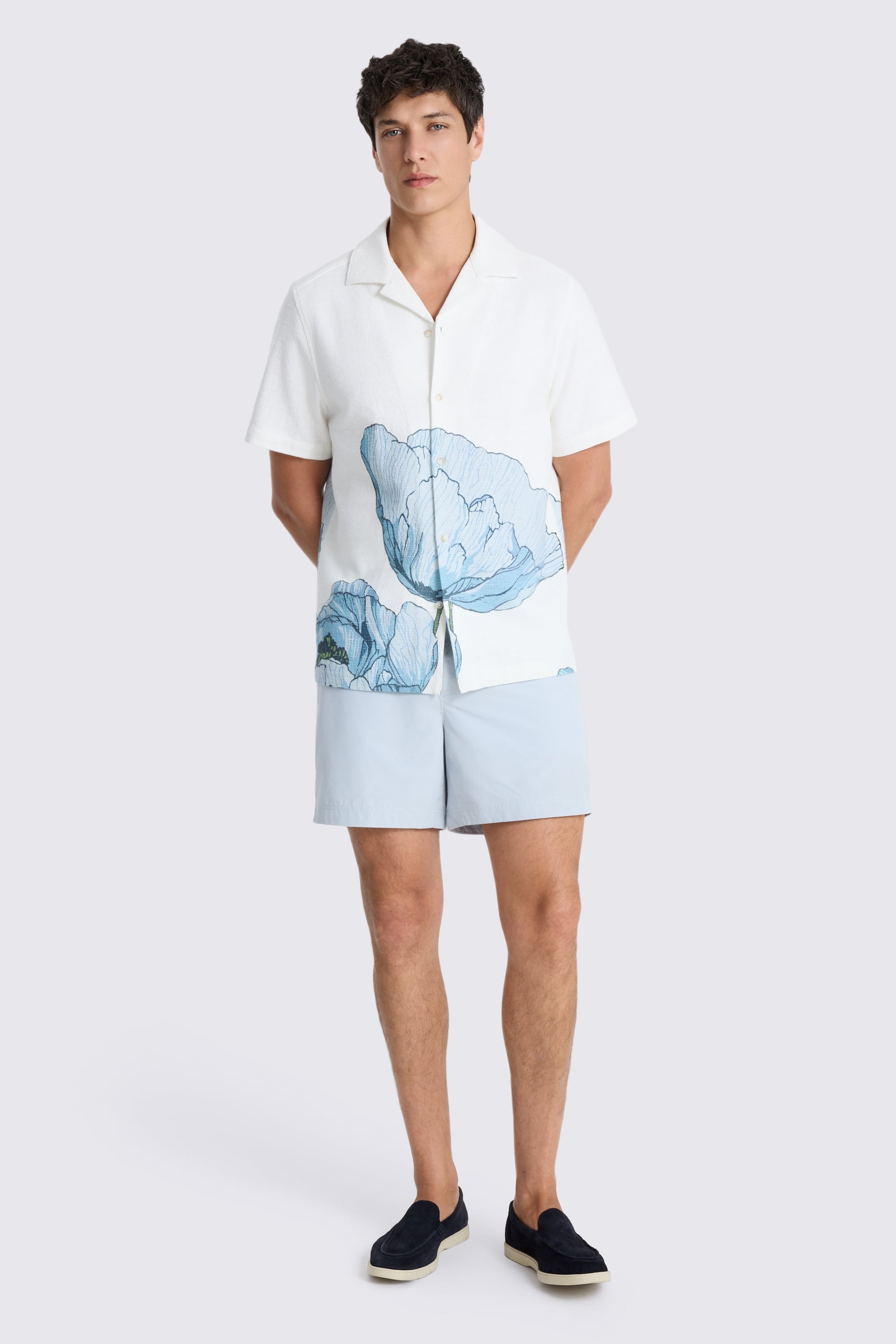 Blue Poppy Print Cuban Collar Cotton Shirt