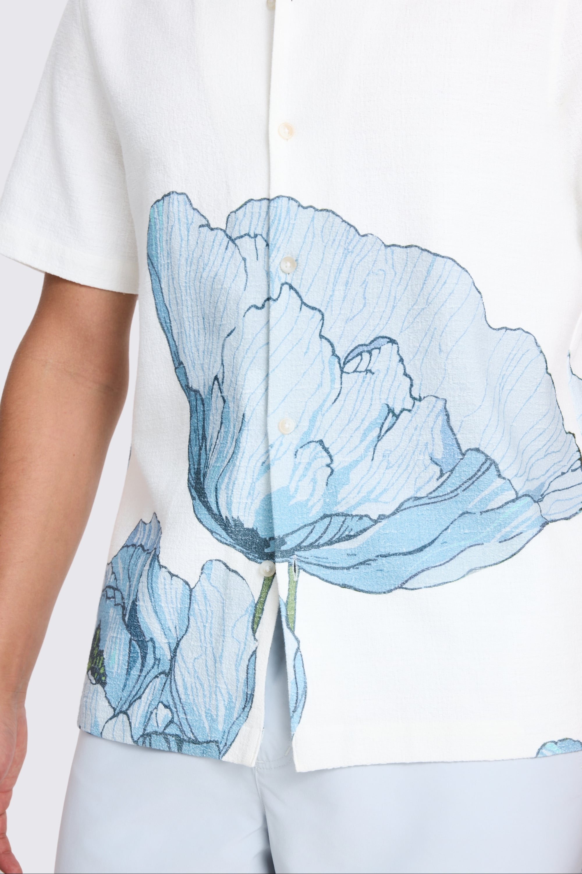 Blue Poppy Print Cuban Collar Cotton Shirt