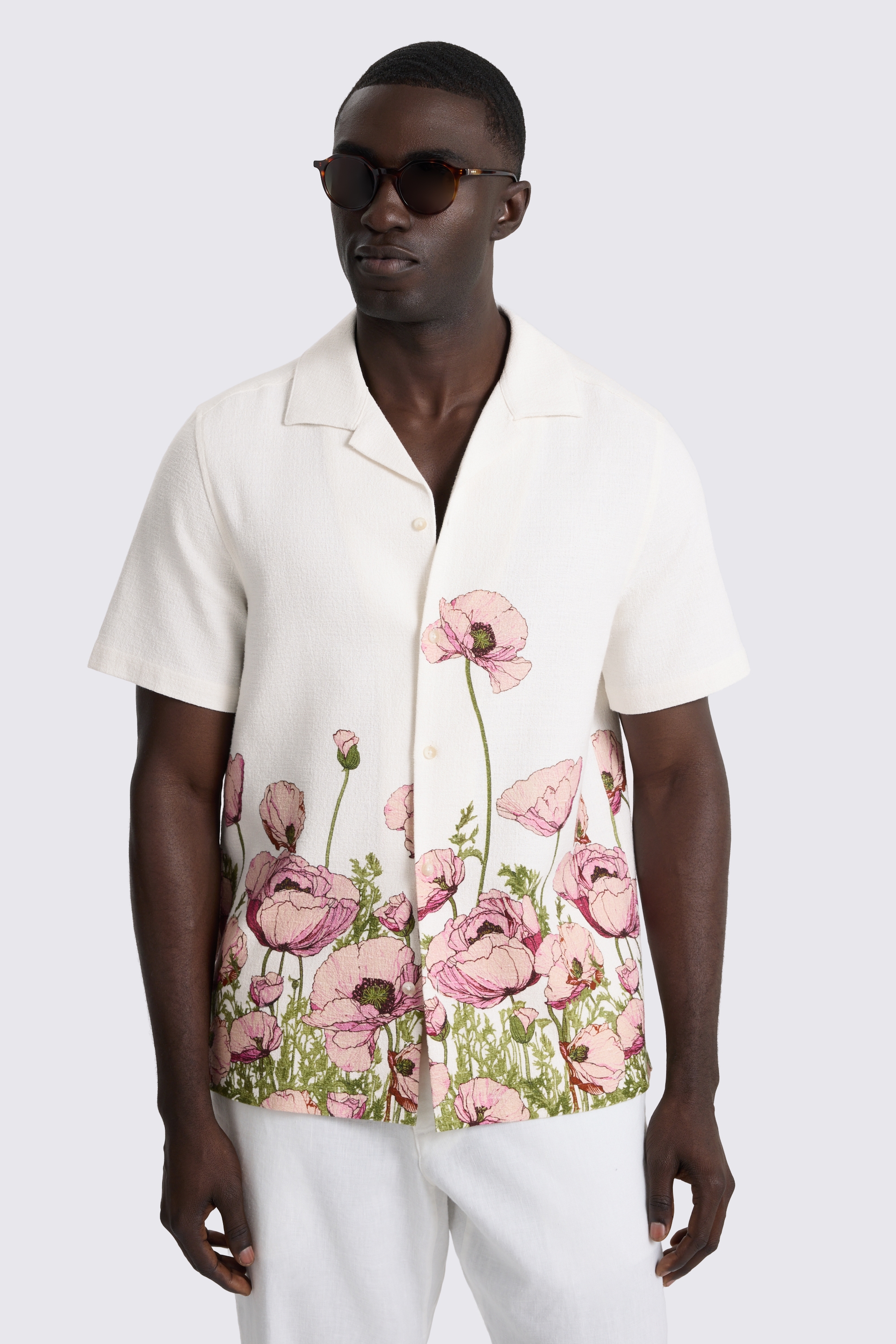 Pink Poppy Print Cuban Collar Cotton Shirt
