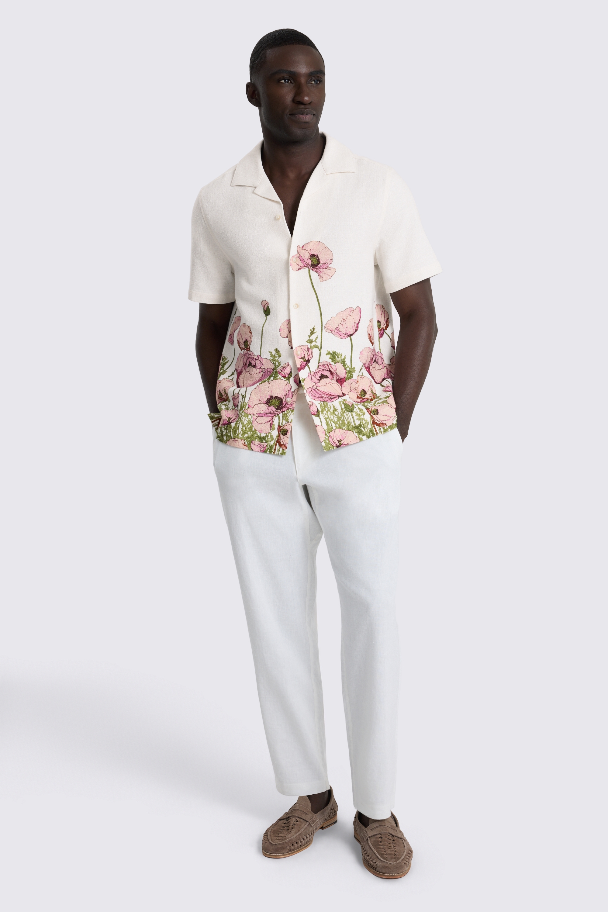 Pink Poppy Print Cuban Collar Cotton Shirt