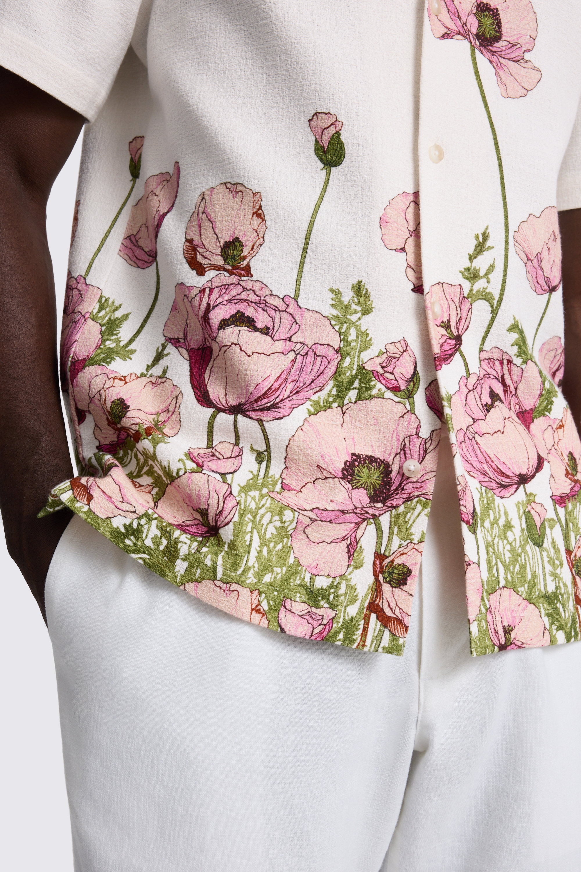 Pink Poppy Print Cuban Collar Cotton Shirt