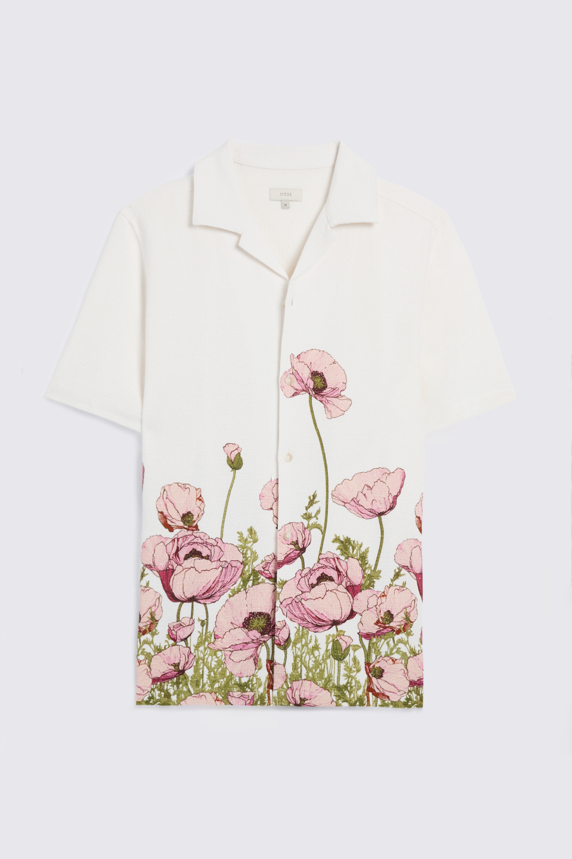 Pink Poppy Print Cuban Collar Cotton Shirt
