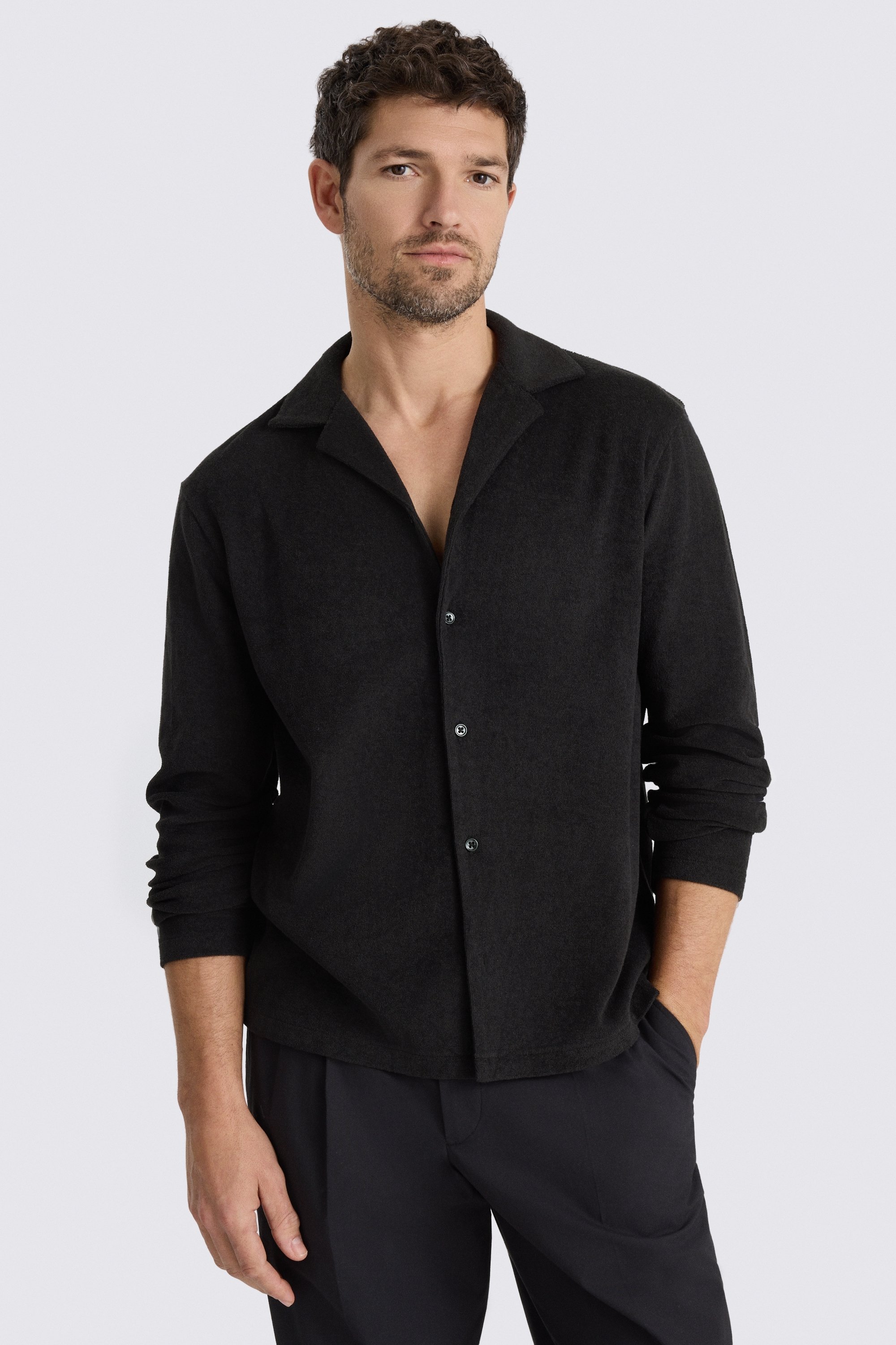 Black Terry Towelling Button Through Shirt