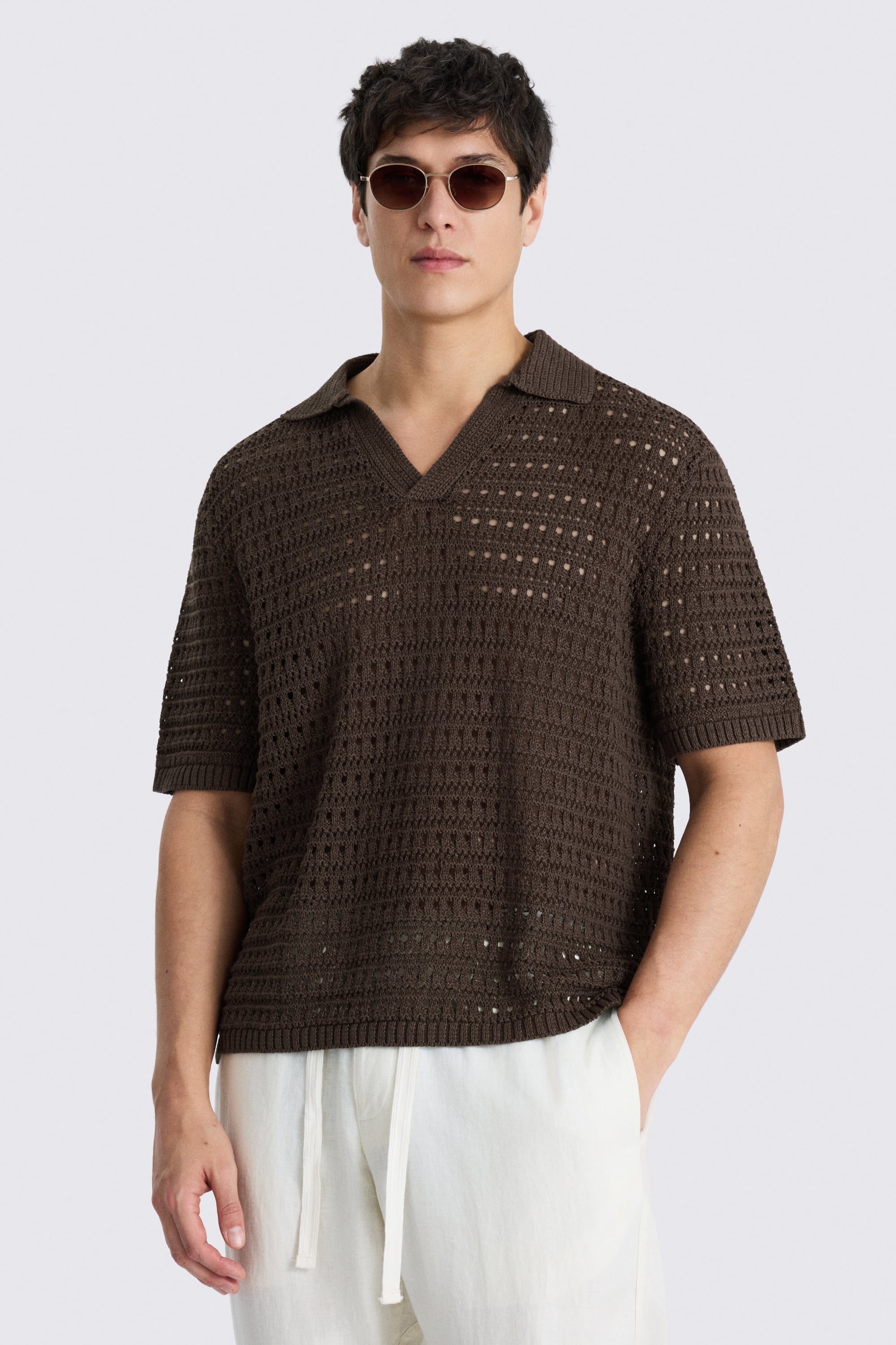 Brown Oversized Open Knit Skipper Shirt