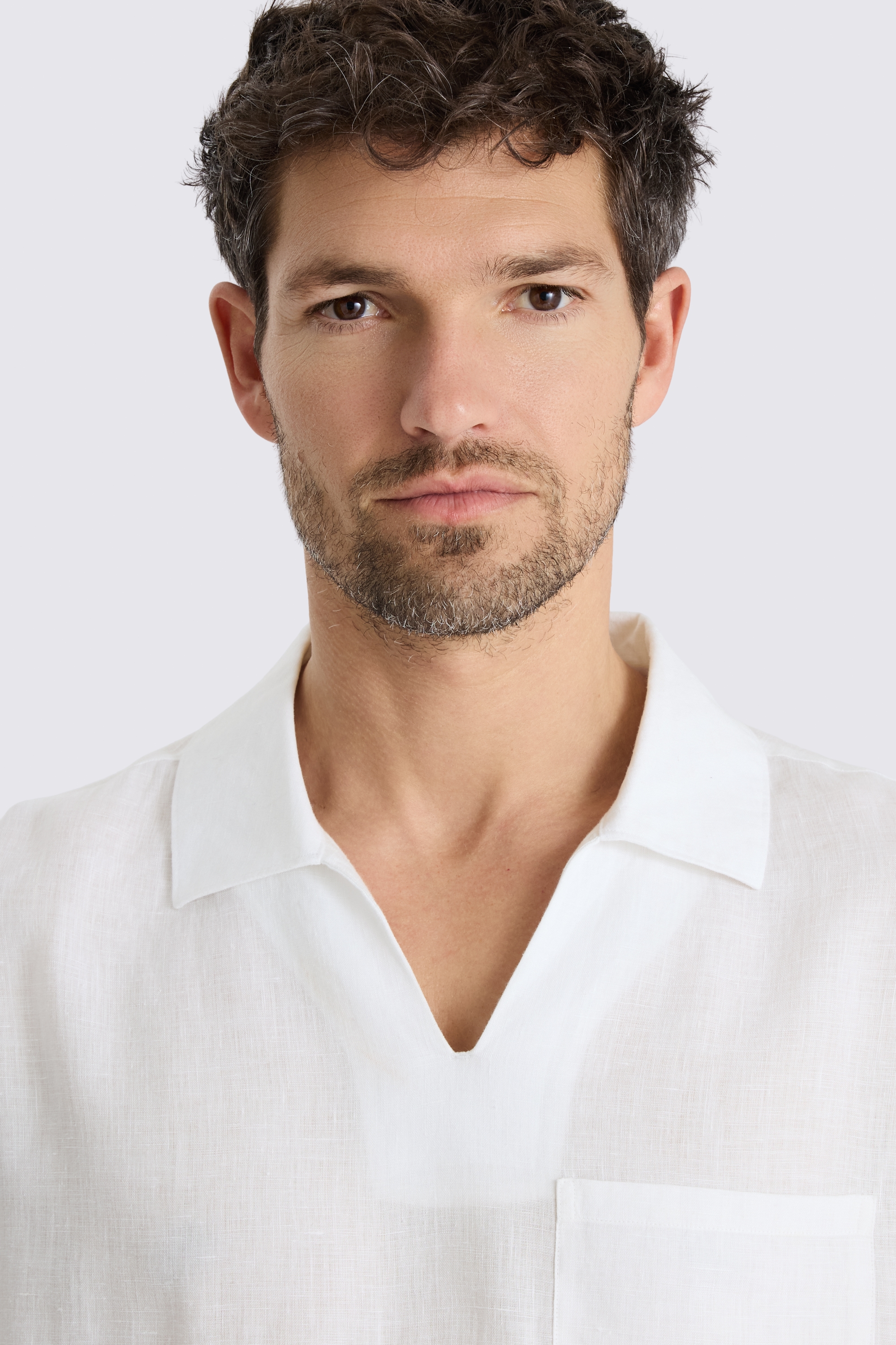 White Popover V-neck Linen Shirt