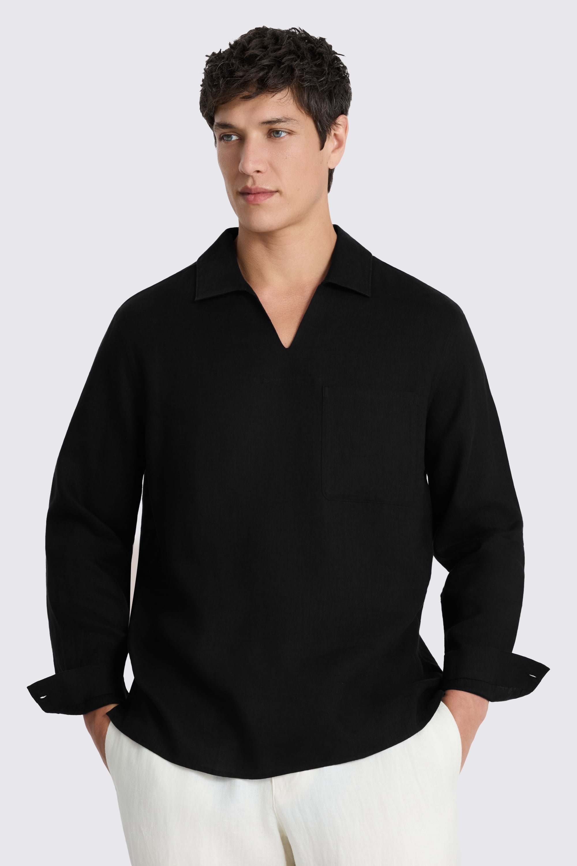 Black Popover V-neck Linen Shirt