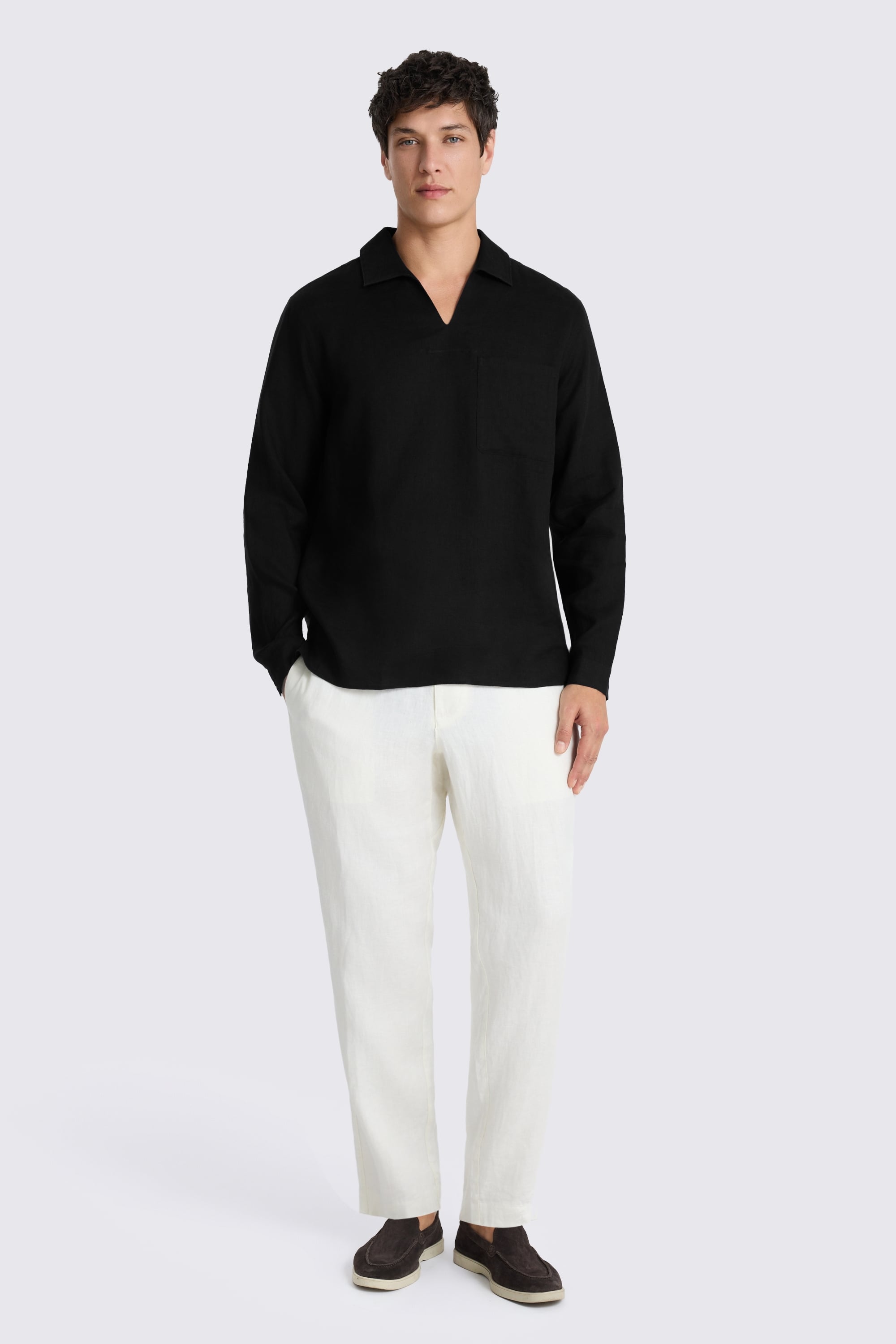 Black Popover V-neck Linen Shirt