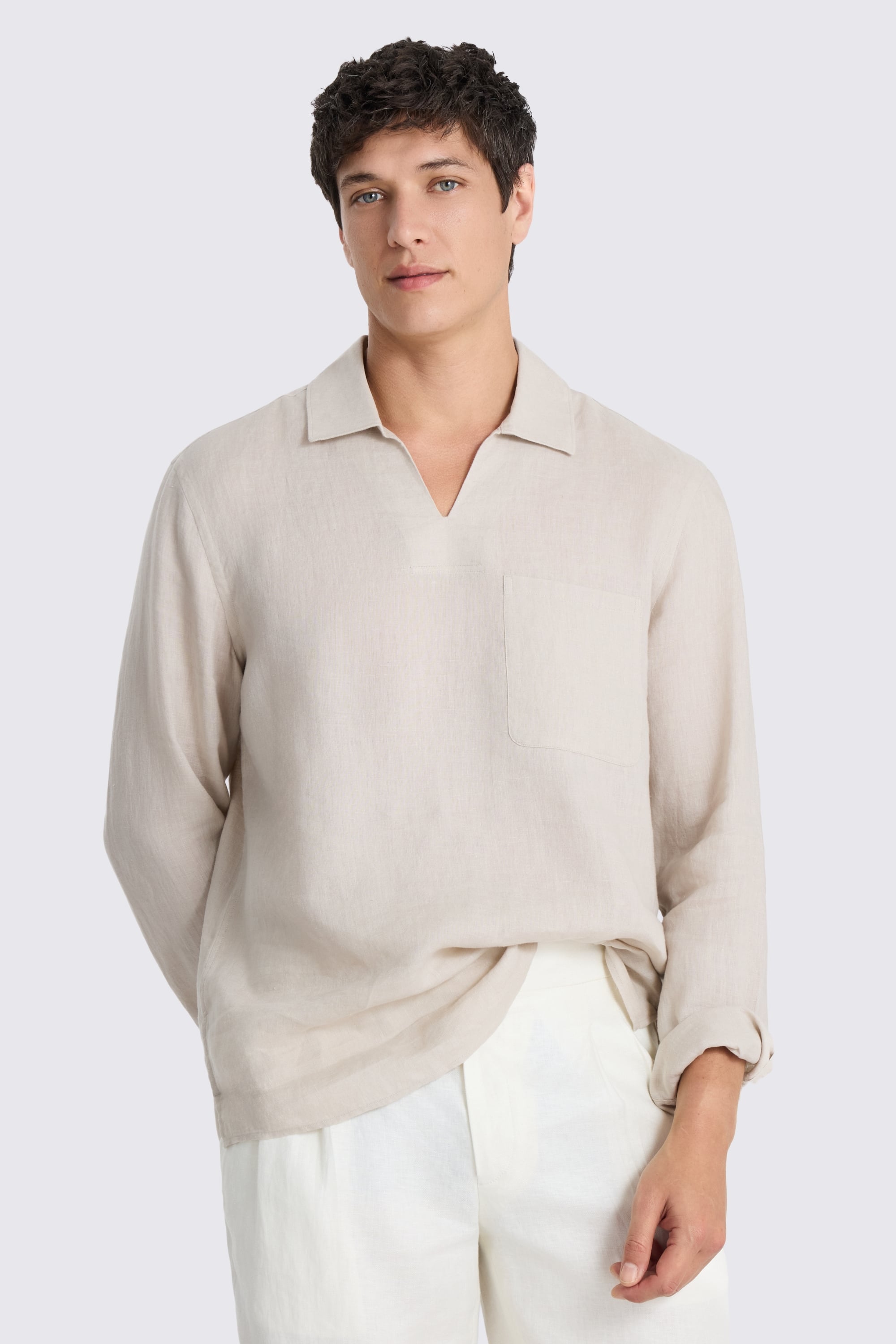 Taupe Popover V-neck Linen Shirt