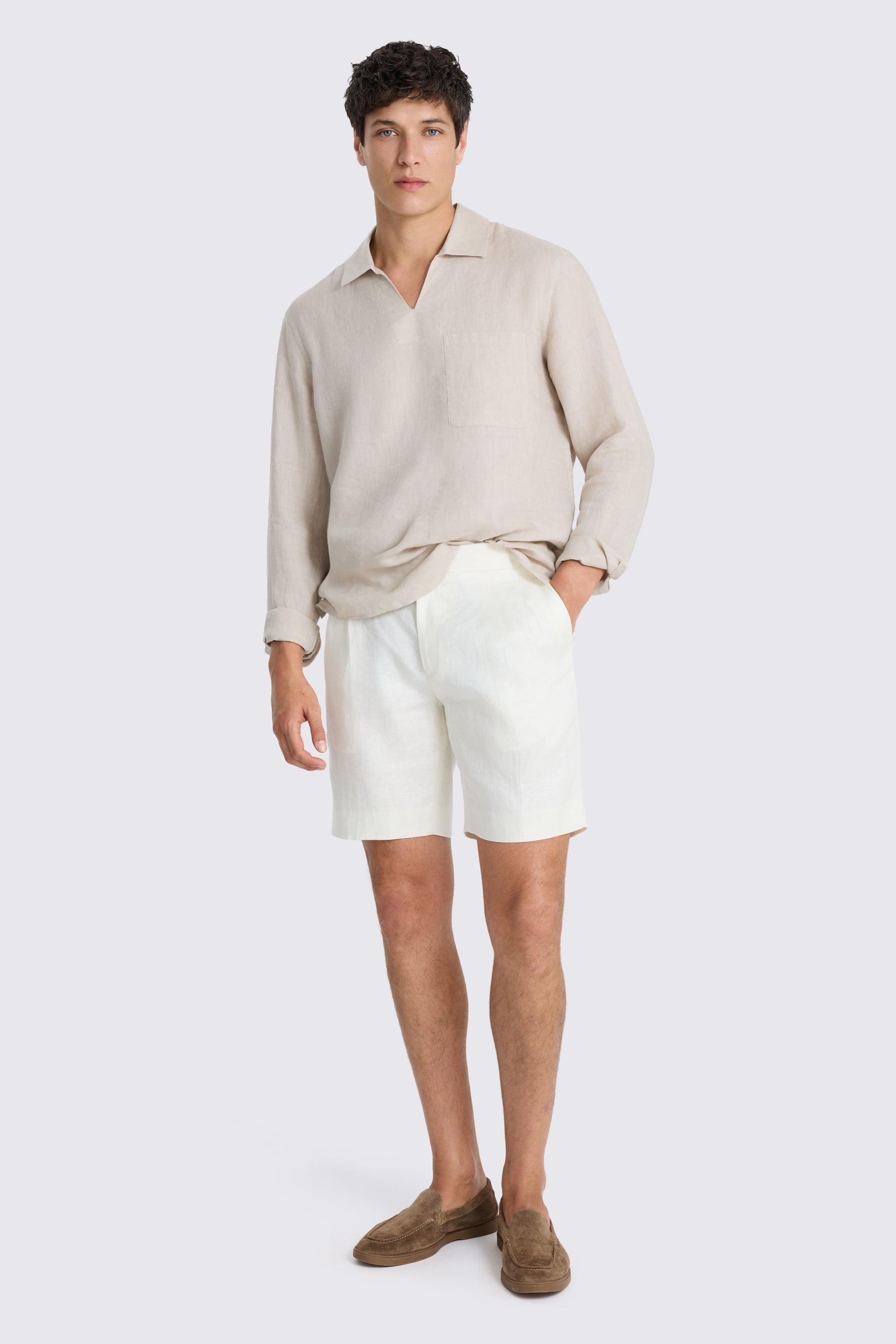 Taupe Popover V-neck Linen Shirt