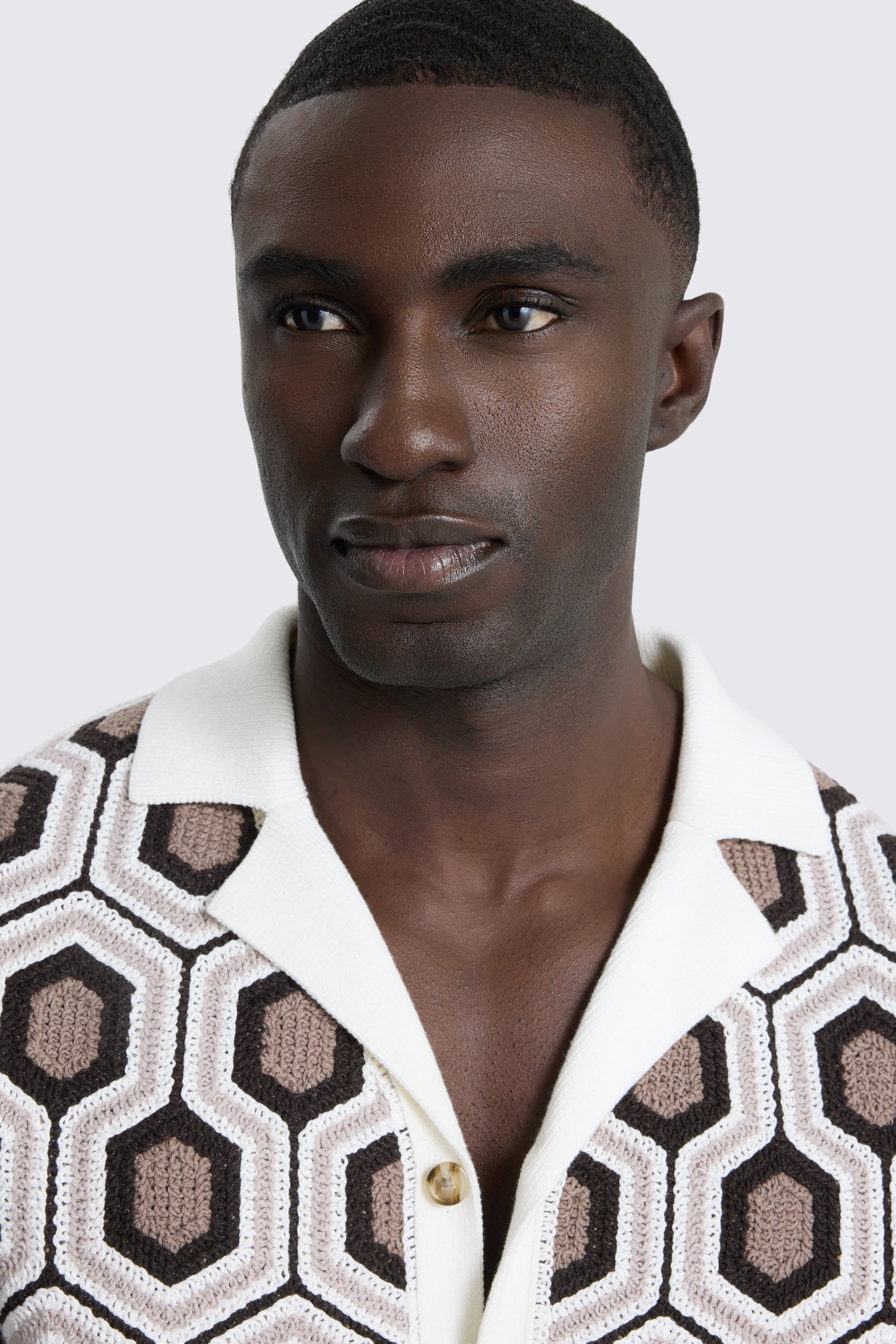 Geometric Cotton Crochet Cuban Collar Shirt