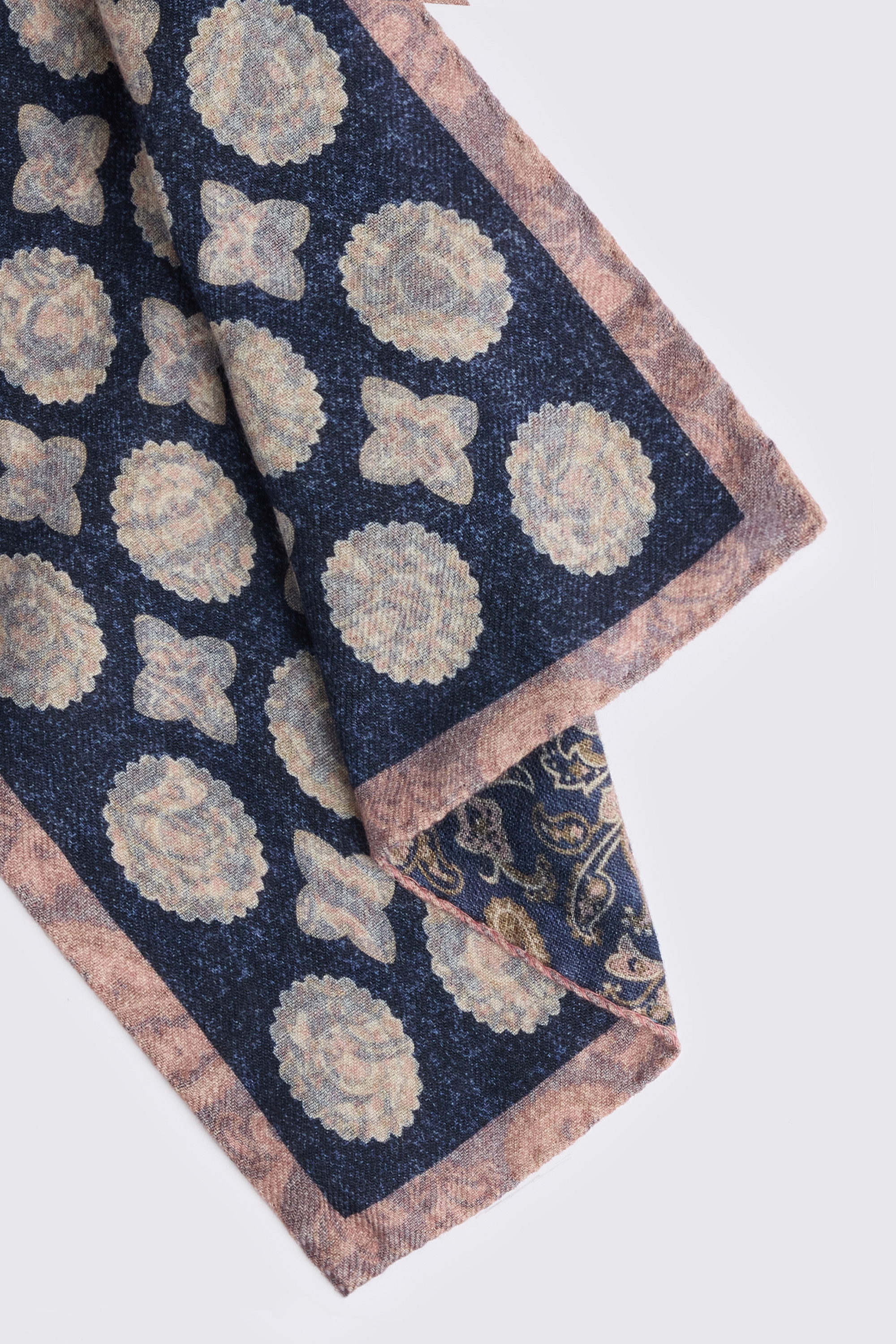 Italian Navy & Pink Wool Double Faced Pocket Square