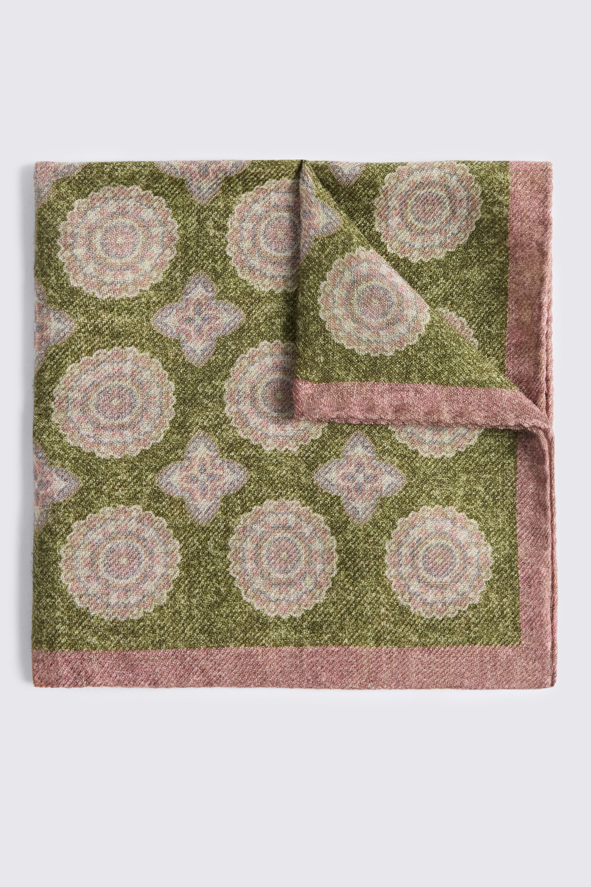 Italian Green & Pink Wool Double Faced Pocket Square